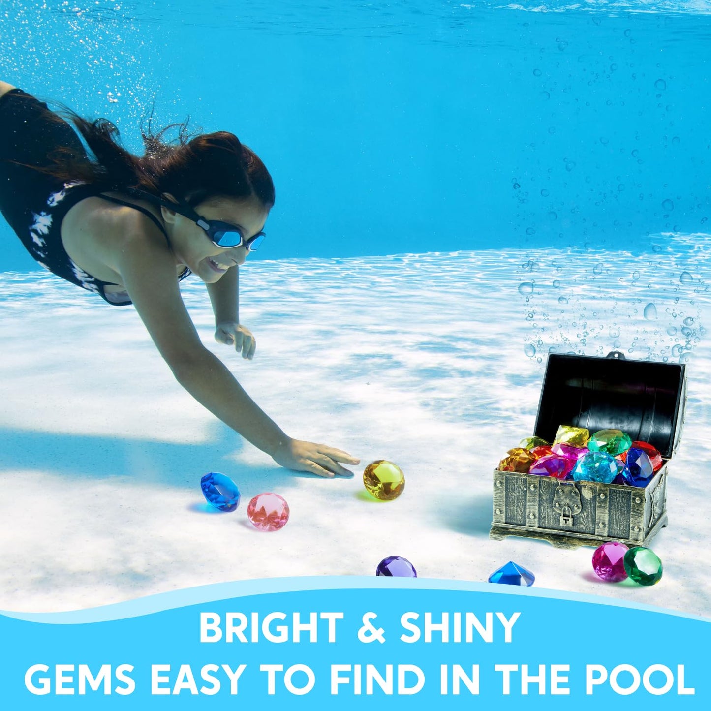 Sloosh Diving Gems Pool Toys – 16 Colorful Acrylic Diamonds & Pirate Treasure Chest