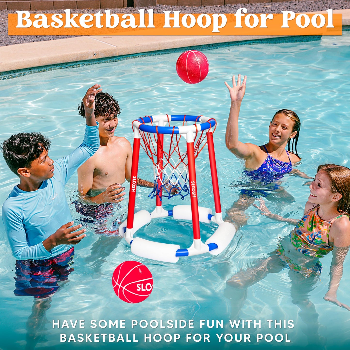 Sloosh Pool Basketball Hoop Set – Floating Pool Game with Balls & Pump (Red/Blue)