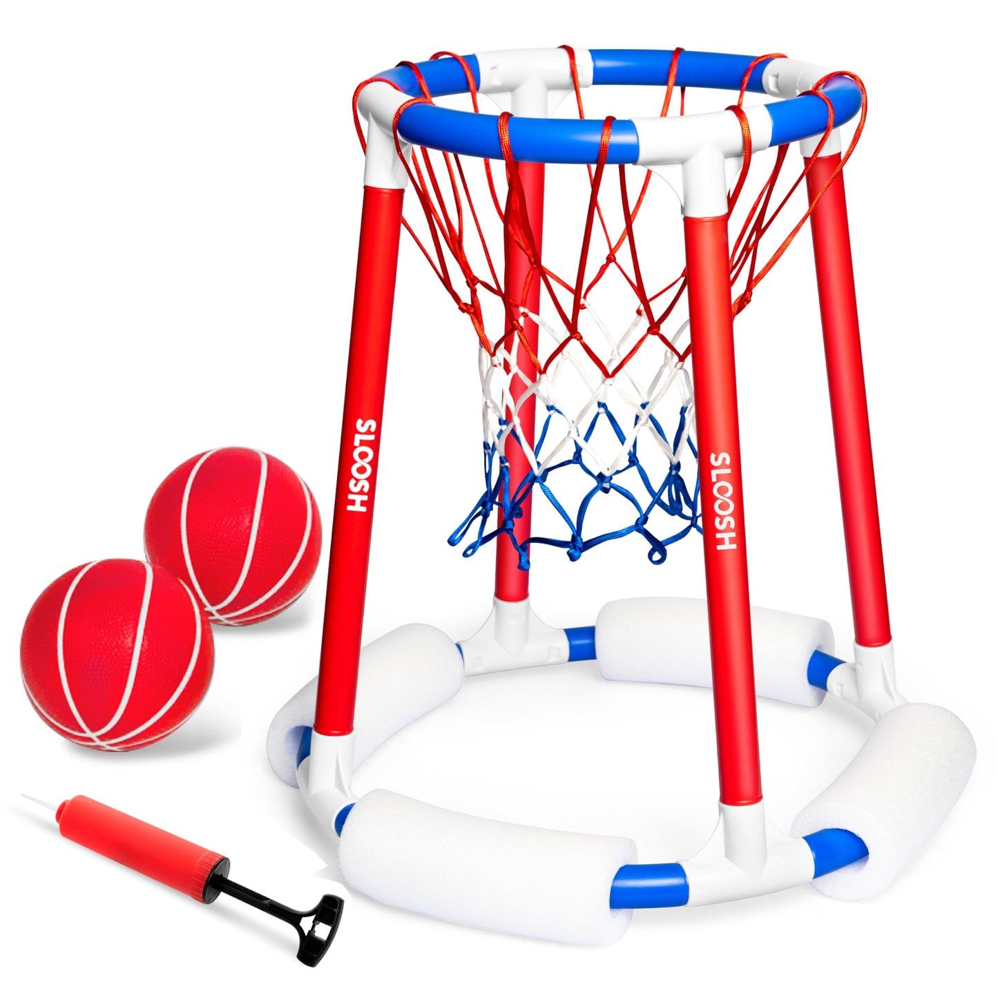 Sloosh Pool Basketball Hoop Set – Floating Pool Game with Balls & Pump (Red/Blue)