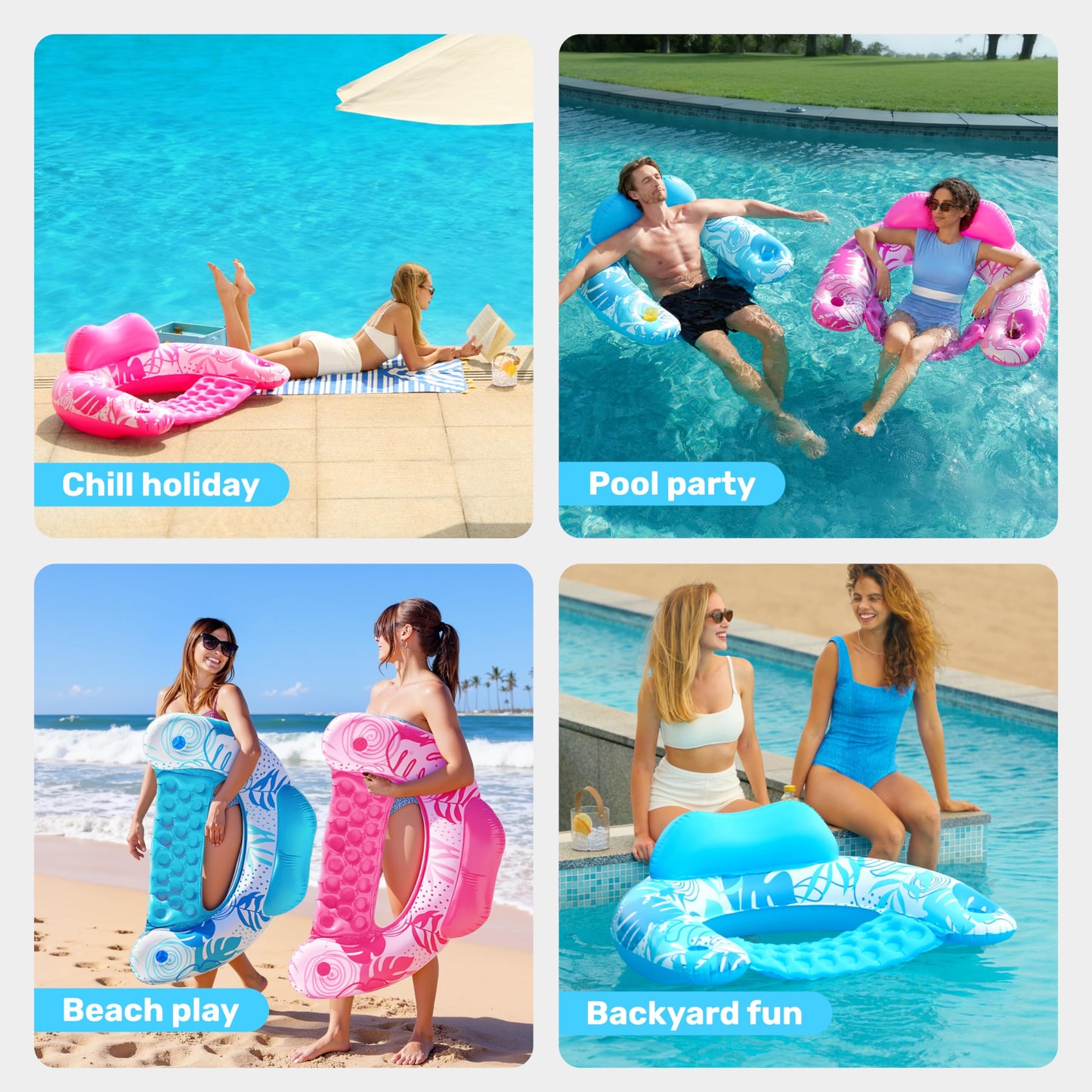 SLOOSH Inflatable Pool Chairs 2-Pack with Cup Holders – Leaves Design, Headrest, UV-Resistant