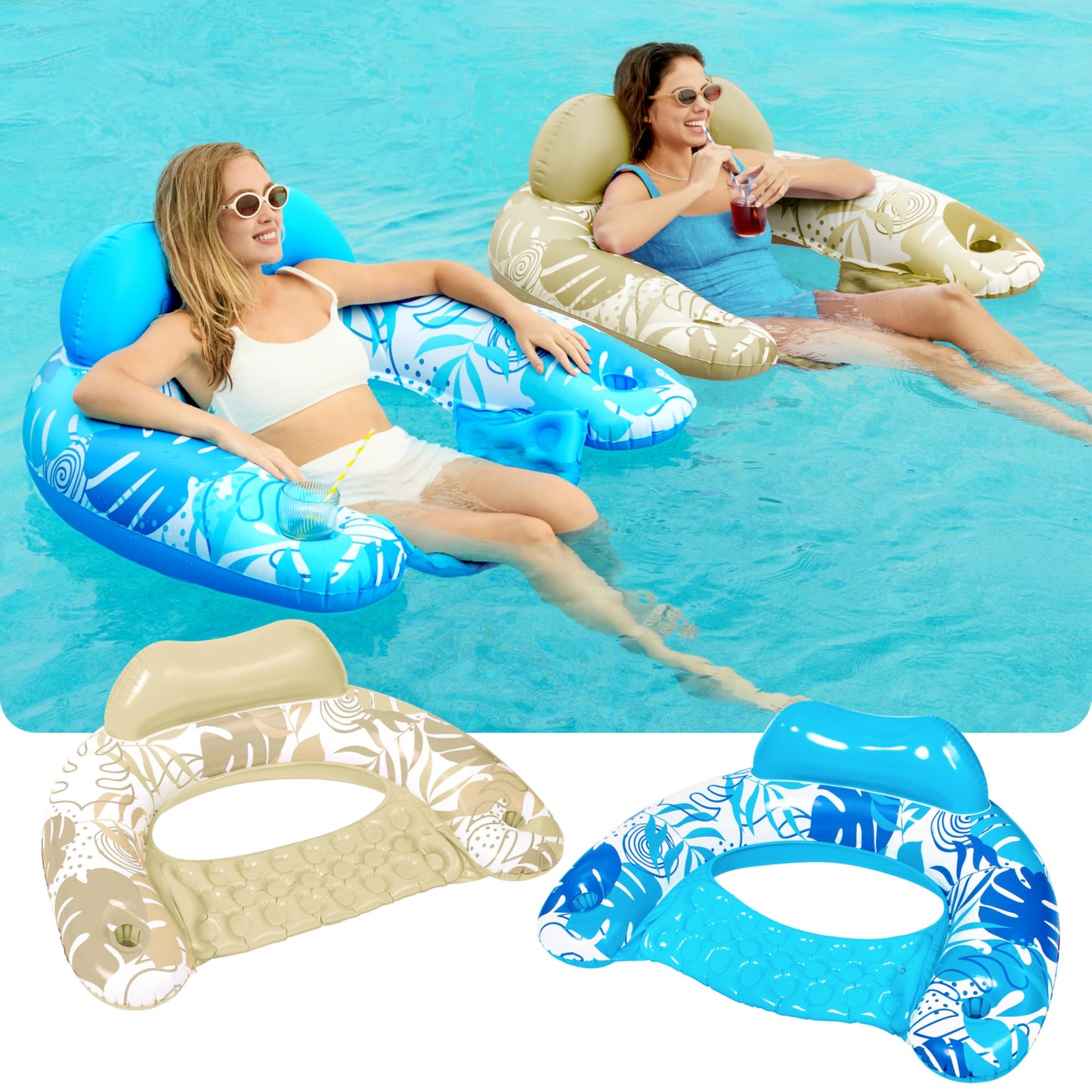 Sloosh Inflatable Pool Floats – 2-Pack Pool Chairs with Cup Holders (Blue & Champagne)