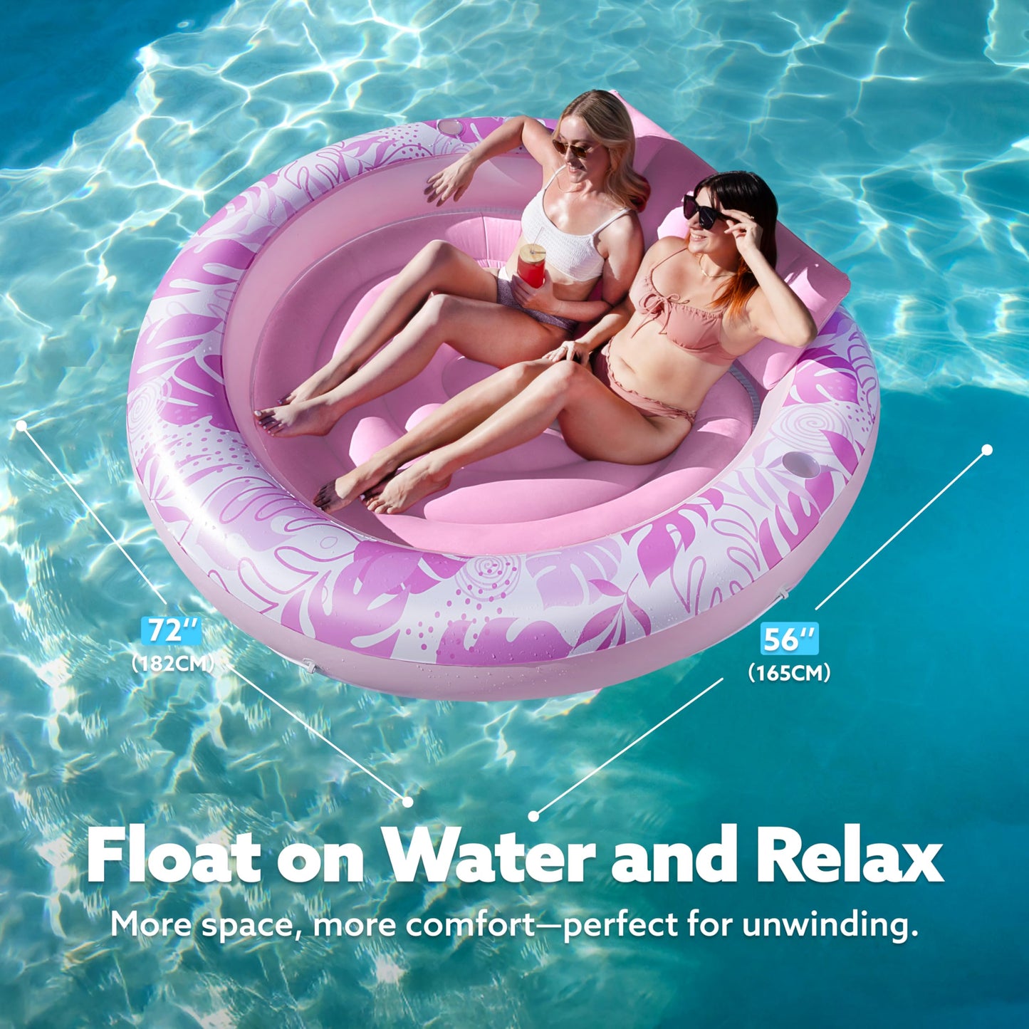 Sloosh Inflatable Tanning Pool Lounger – 72in Pink Round, 4-in-1