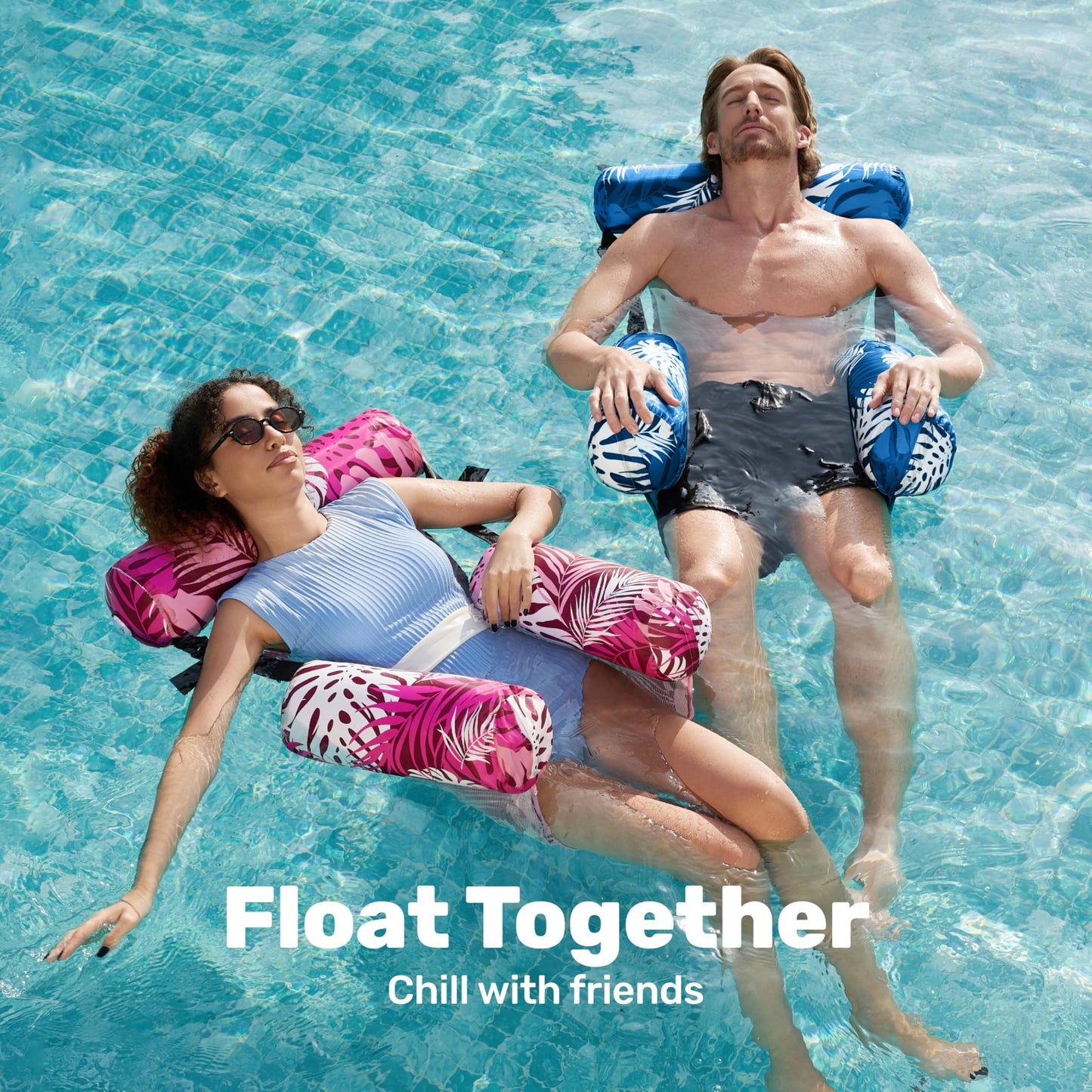 Sloosh Inflatable Pool Floats Adult 2-Pack – Lounge Chairs, Tropical Leaves Pink/Blue
