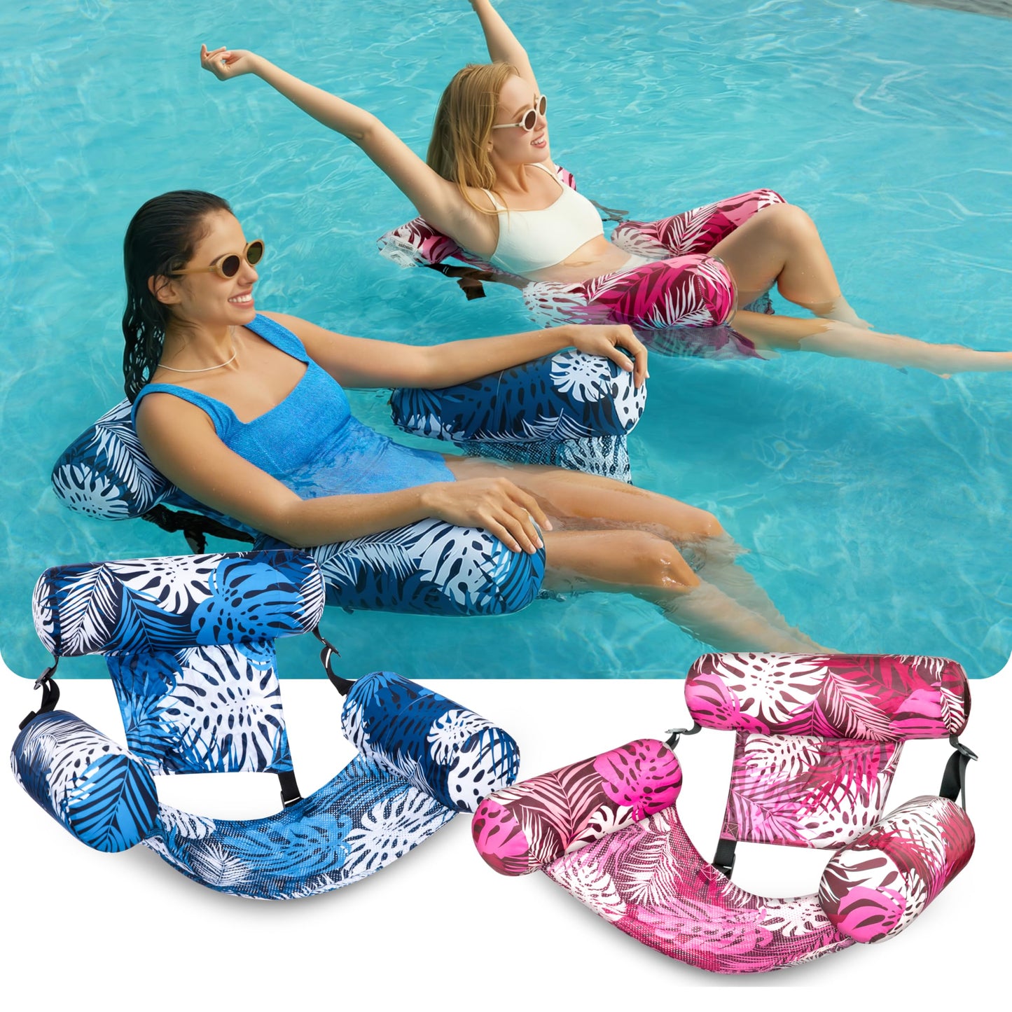 Sloosh Inflatable Pool Floats Adult 2-Pack – Lounge Chairs, Tropical Leaves Pink/Blue