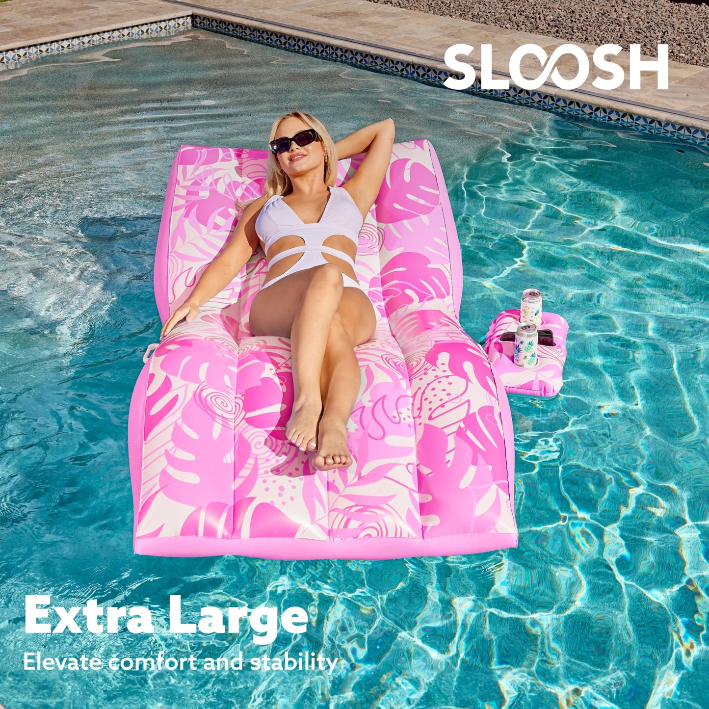 Sloosh Inflatable Pool Lounge Chair Pink – Extra-Large, Heavy-Duty Float with Detachable Cup Holder