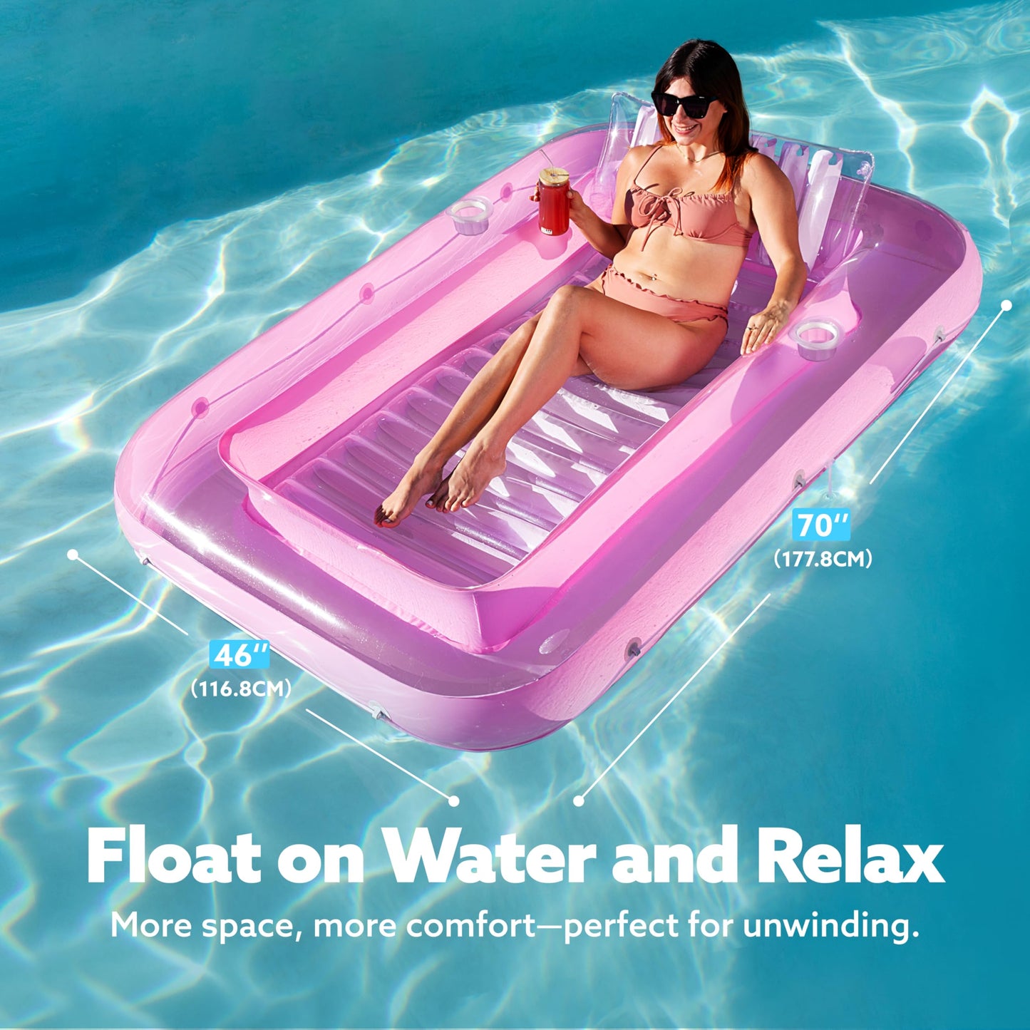 Sloosh Inflatable Tanning Pool Lounger Float – 70 x 46 in, Pink/White, 4-in-1 Suntan Tub Raft