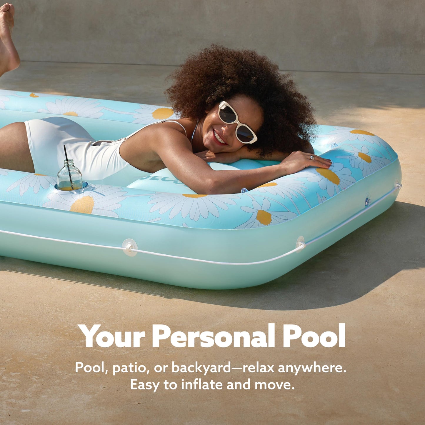 Sloosh Inflatable Tanning Pool Lounger – 70 x 46 in Blue Marble with Pillow