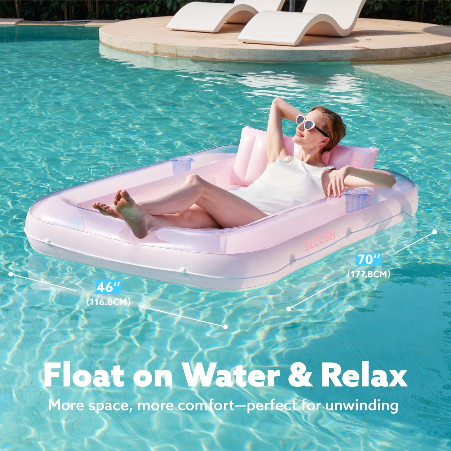 SLOOSH Inflatable Tanning Pool Lounger Float – 70 x 46 in, 4-in-1 Sunbathing Bed with Pillow