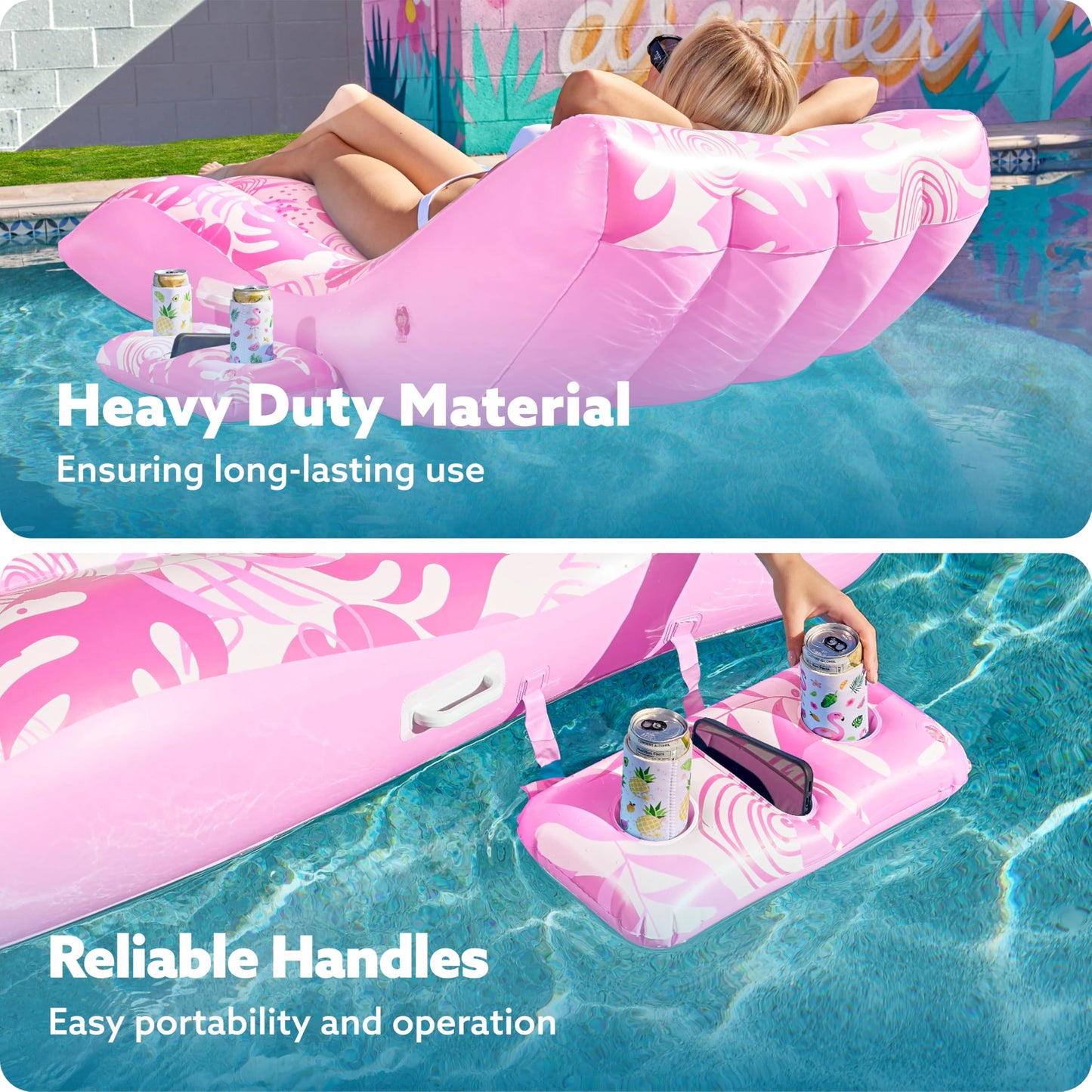 Sloosh Inflatable Pool Lounge Chair Pink – Extra-Large, Heavy-Duty Float with Detachable Cup Holder