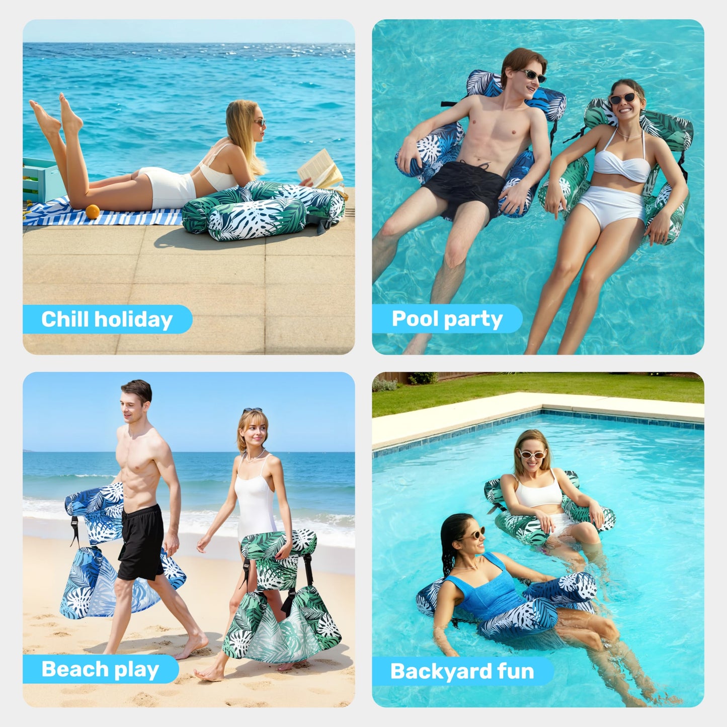 Sloosh Pool Floats 2-Pack – Inflatable Lounge Chairs for Adults (Tropical Leaves)