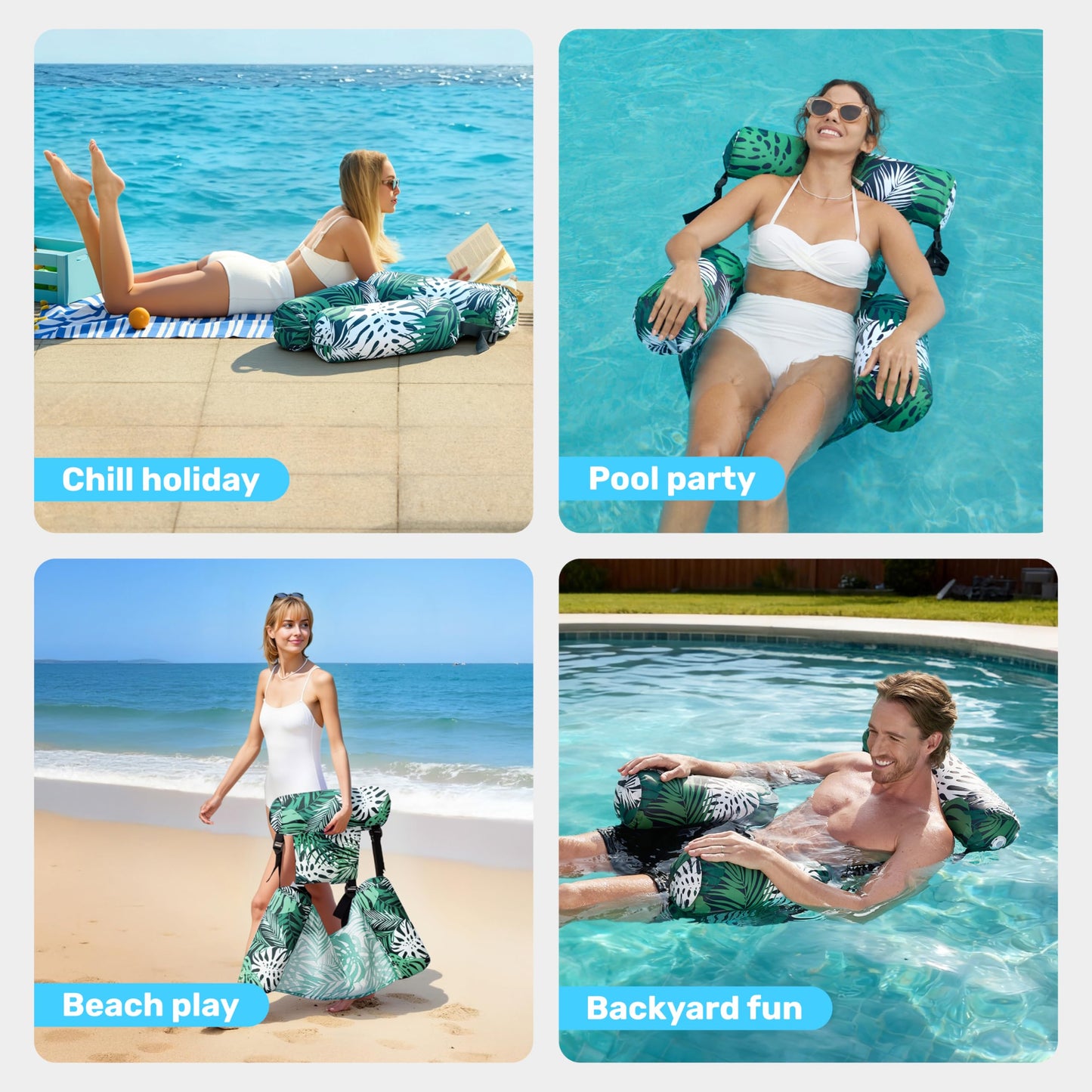 Sloosh Pool Floats Chair – Inflatable Pool Lounge with Green Leaves