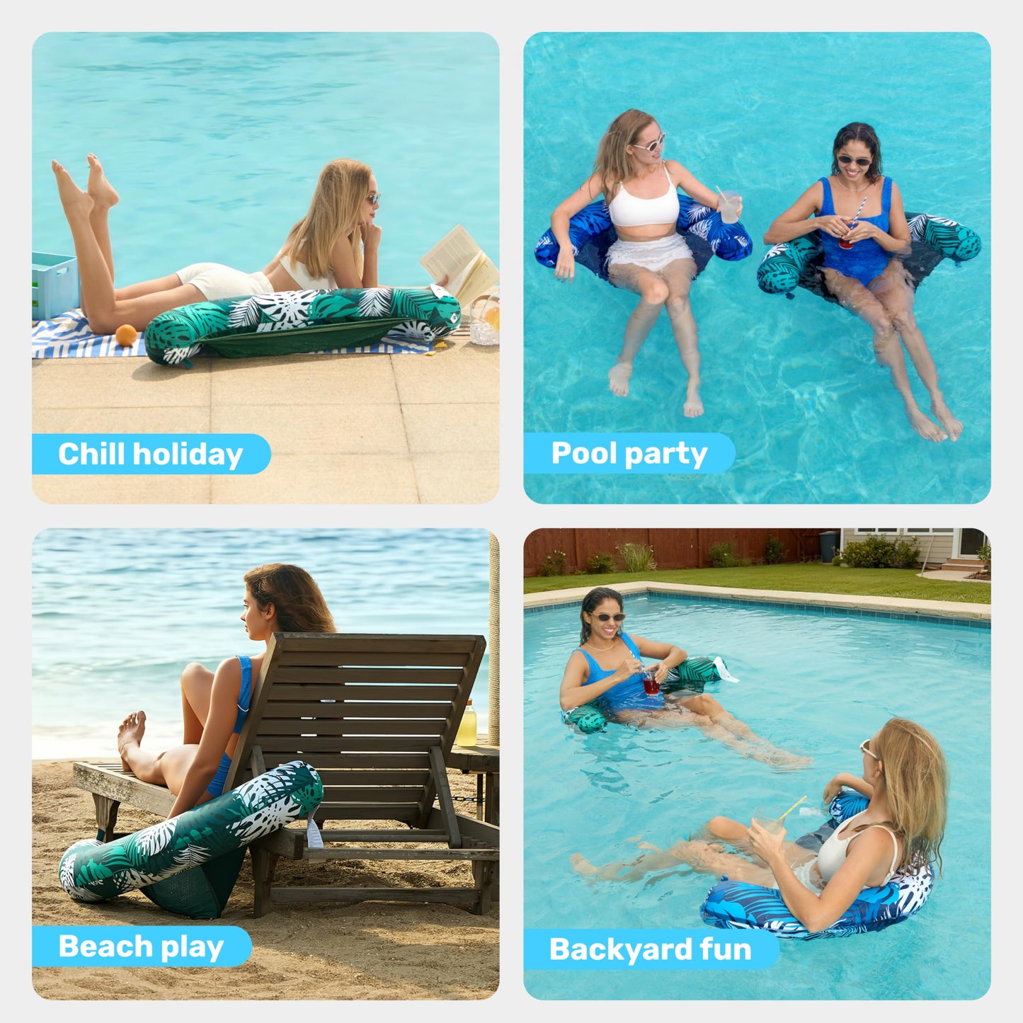 Sloosh Pool Floats Chairs – 2-Pack Inflatable Noodle Chairs with Sling Fabric (Tropical Leaves)
