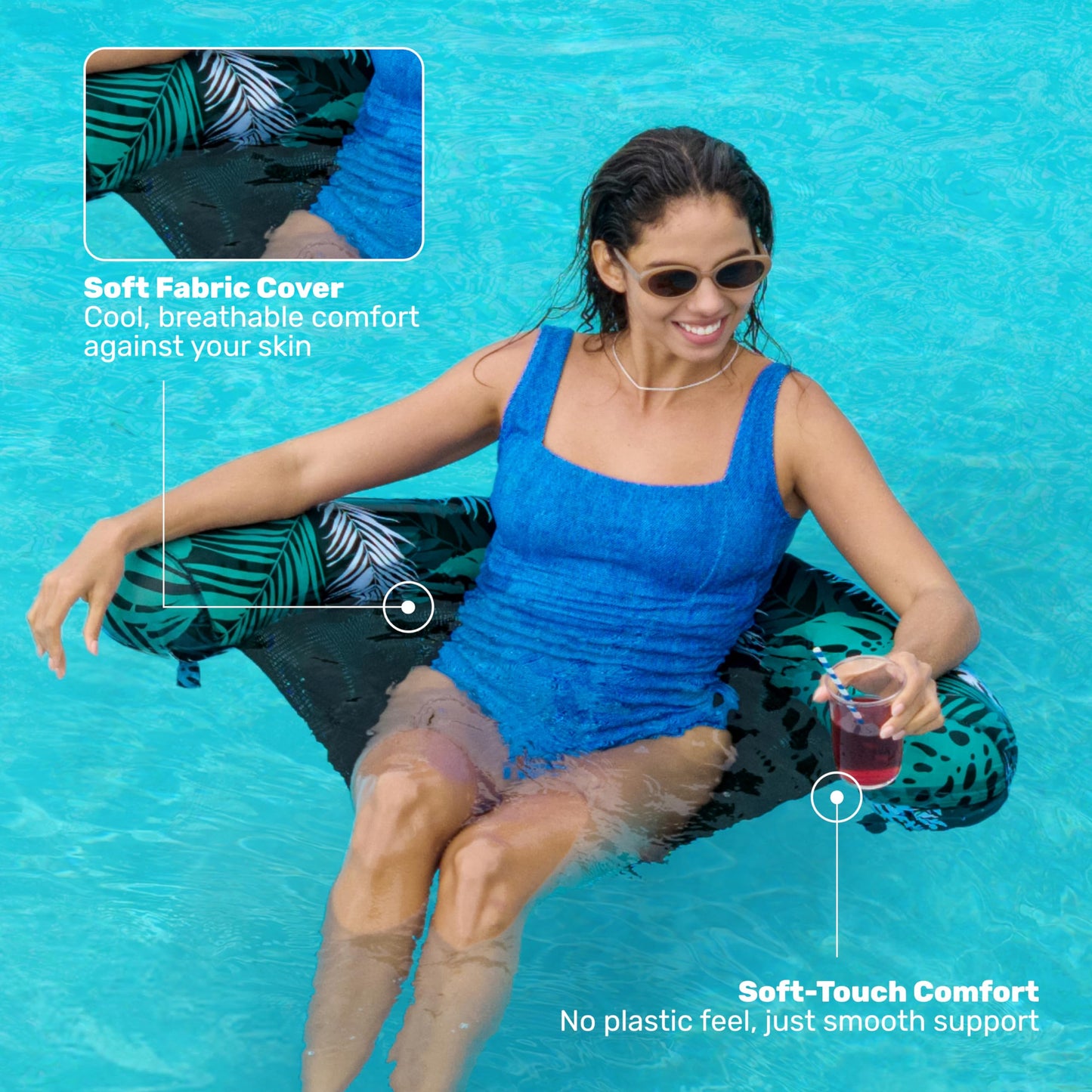 Sloosh Pool Floats Chairs – 2-Pack Inflatable Noodle Chairs with Sling Fabric (Tropical Leaves)