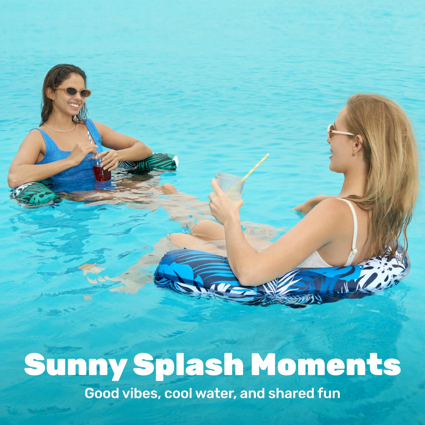 Sloosh Pool Floats Chairs – 2-Pack Inflatable Noodle Chairs with Sling Fabric (Tropical Leaves)