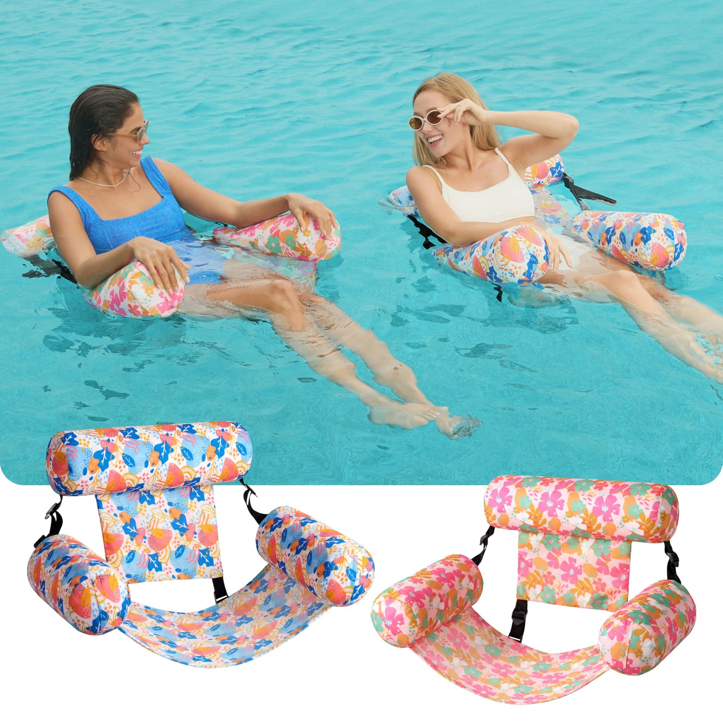 Sloosh 2-Pack Pool Float Hammock Chairs – Flower Pattern Inflatable Lounge