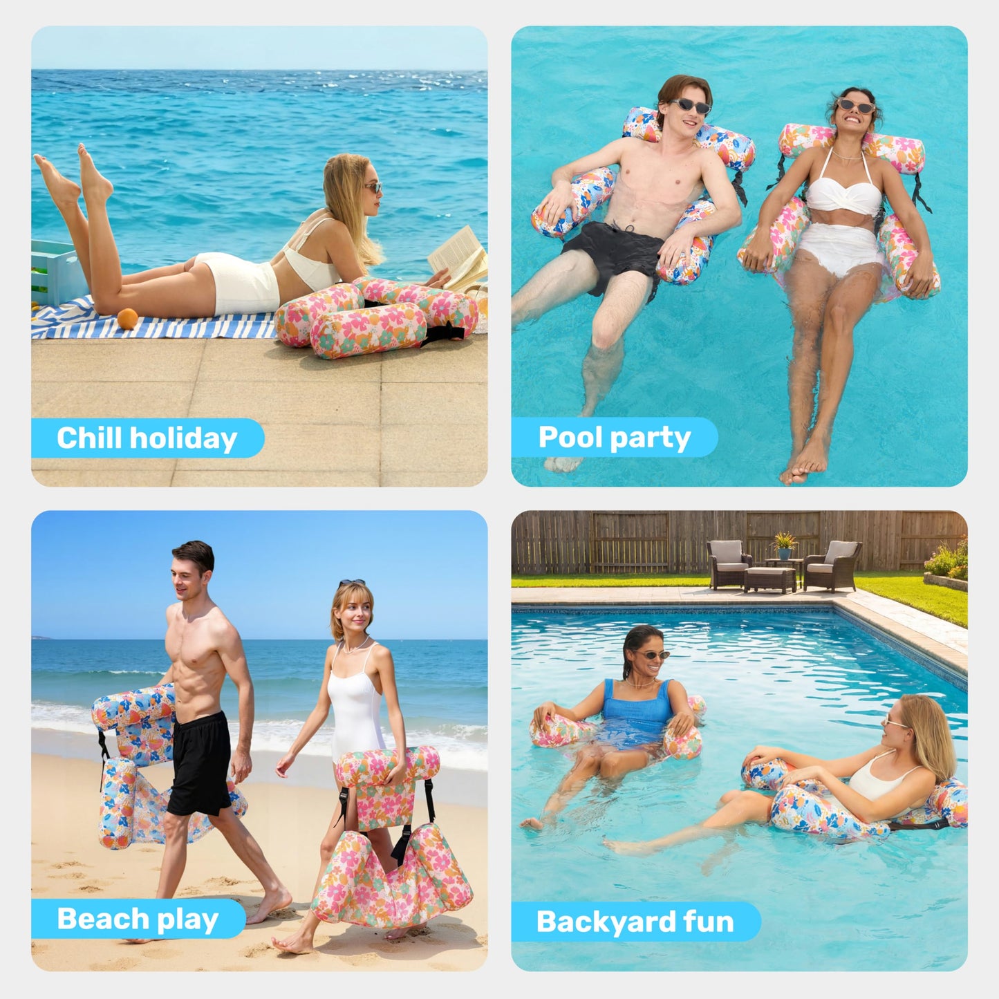 Sloosh 2-Pack Pool Float Hammock Chairs – Flower Pattern Inflatable Lounge