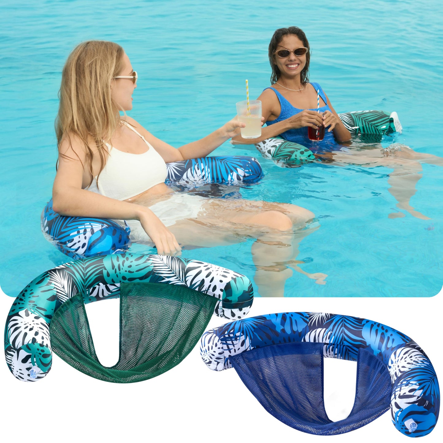 Sloosh Pool Floats Chairs – 2-Pack Inflatable Noodle Chairs with Sling Fabric (Tropical Leaves)