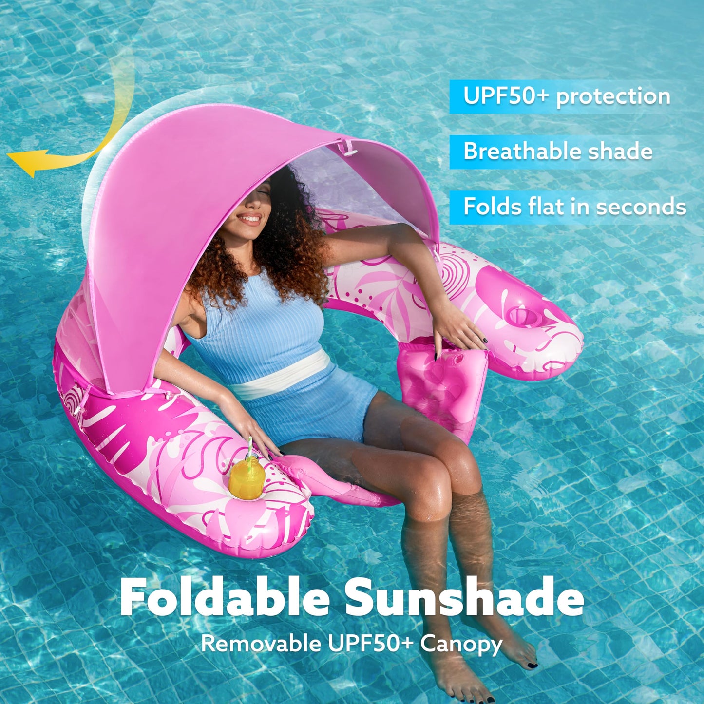 Sloosh Pool Floats with Canopy – XL Inflatable Lounge Chair for Adults, Pink