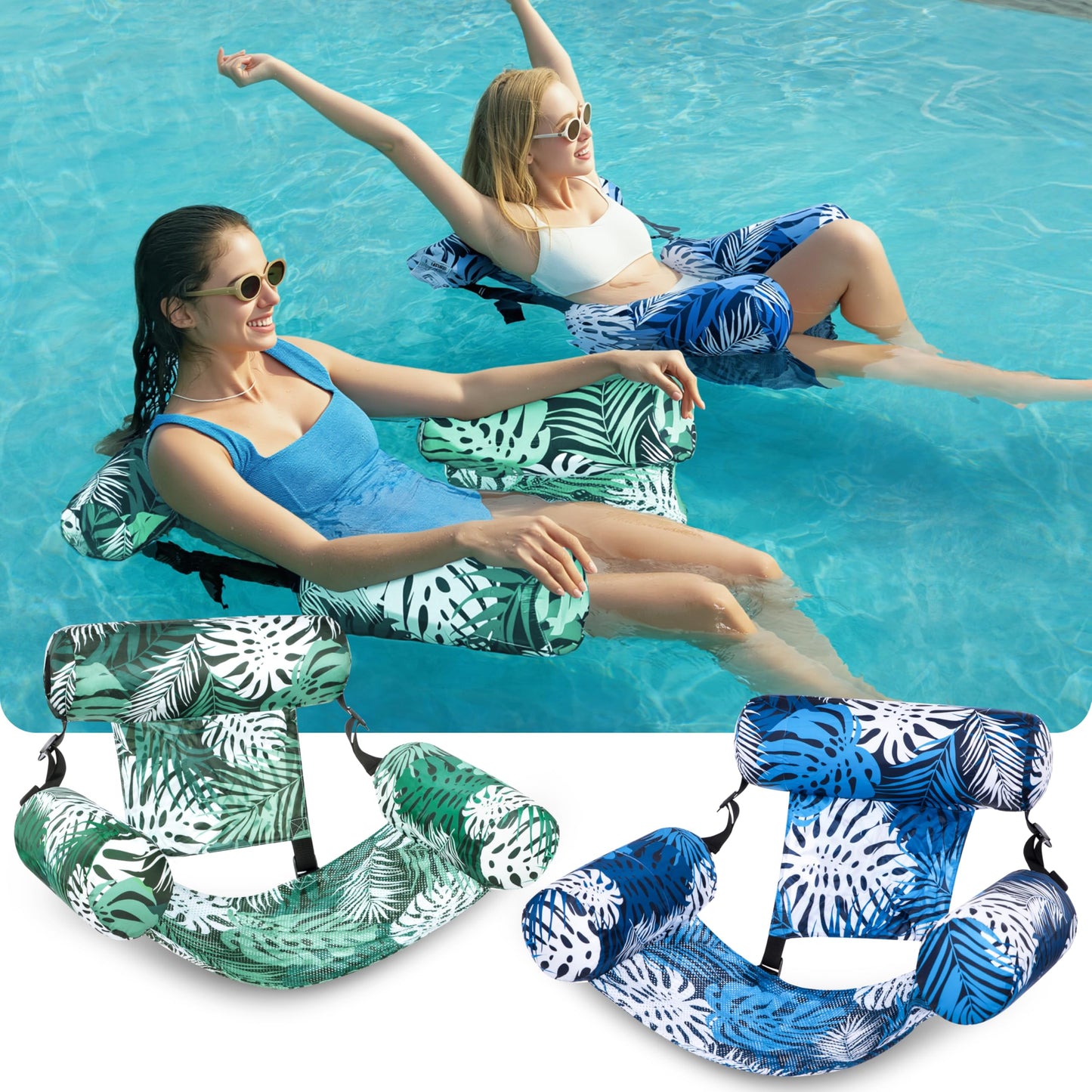 Sloosh Pool Floats 2-Pack – Inflatable Lounge Chairs for Adults (Tropical Leaves)