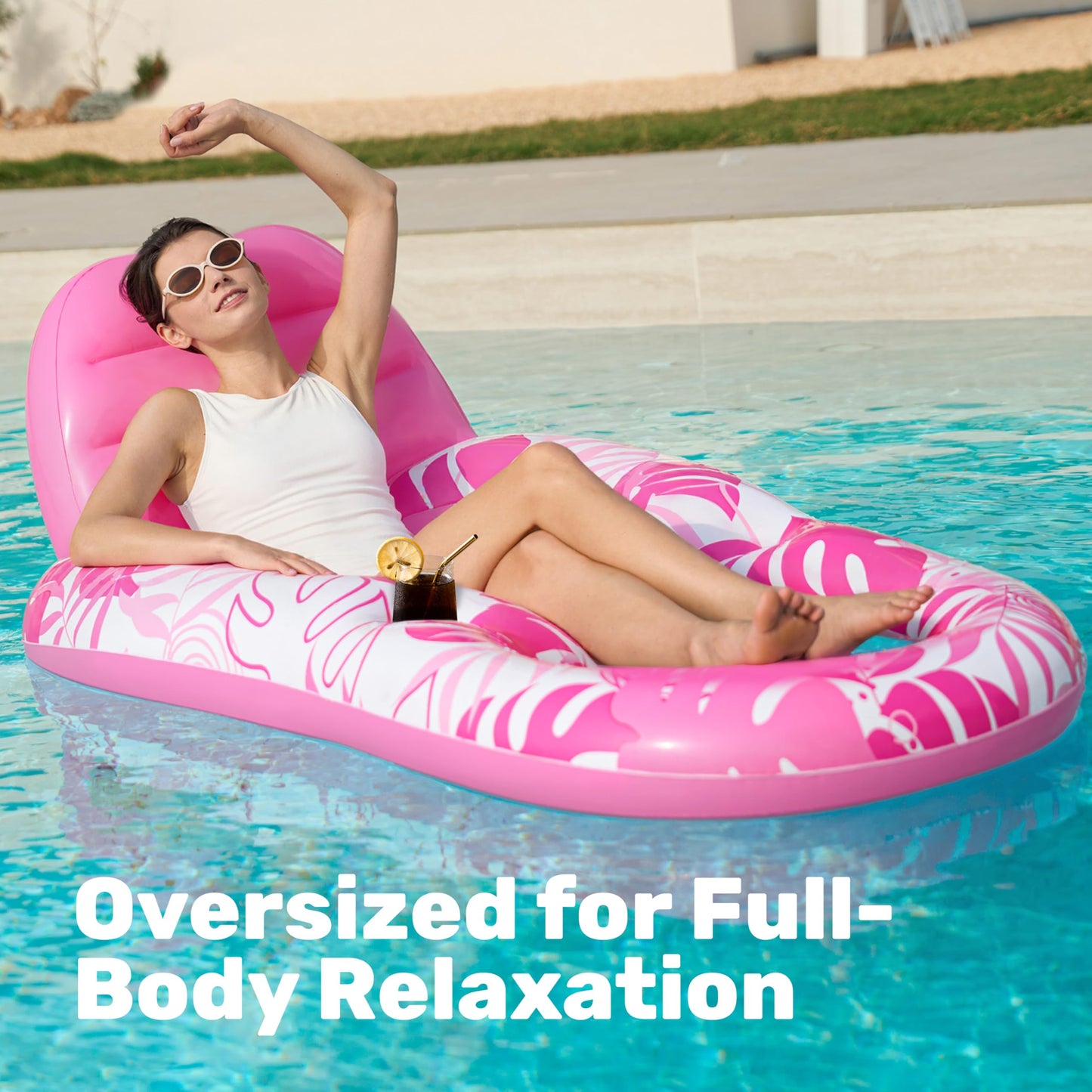 SLOOSH Pool Lounge Float Adult – Pink Tropical Leaves with Cup Holders & Backrest