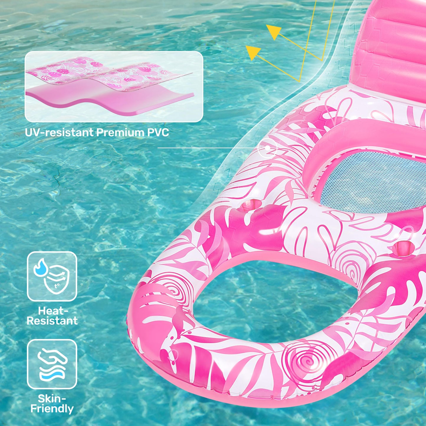 SLOOSH Pool Lounge Float Adult – Pink Tropical Leaves with Cup Holders & Backrest