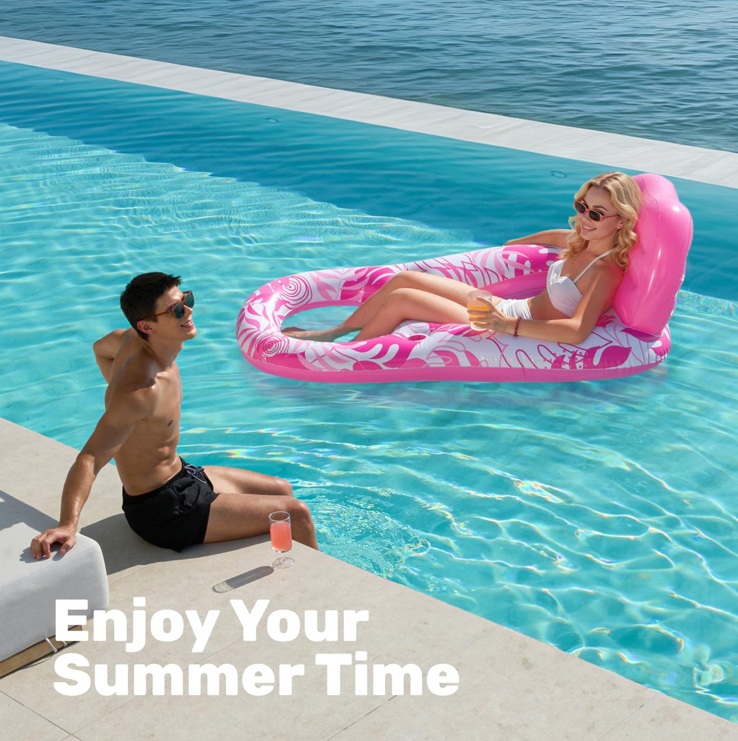 SLOOSH Pool Lounge Float Adult – Pink Tropical Leaves with Cup Holders & Backrest