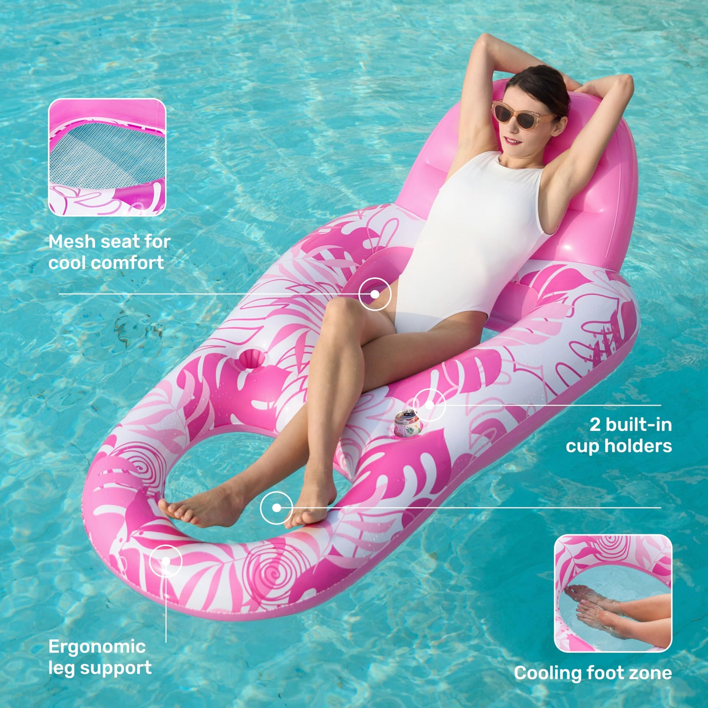 SLOOSH Pool Lounge Float Adult – Pink Tropical Leaves with Cup Holders & Backrest