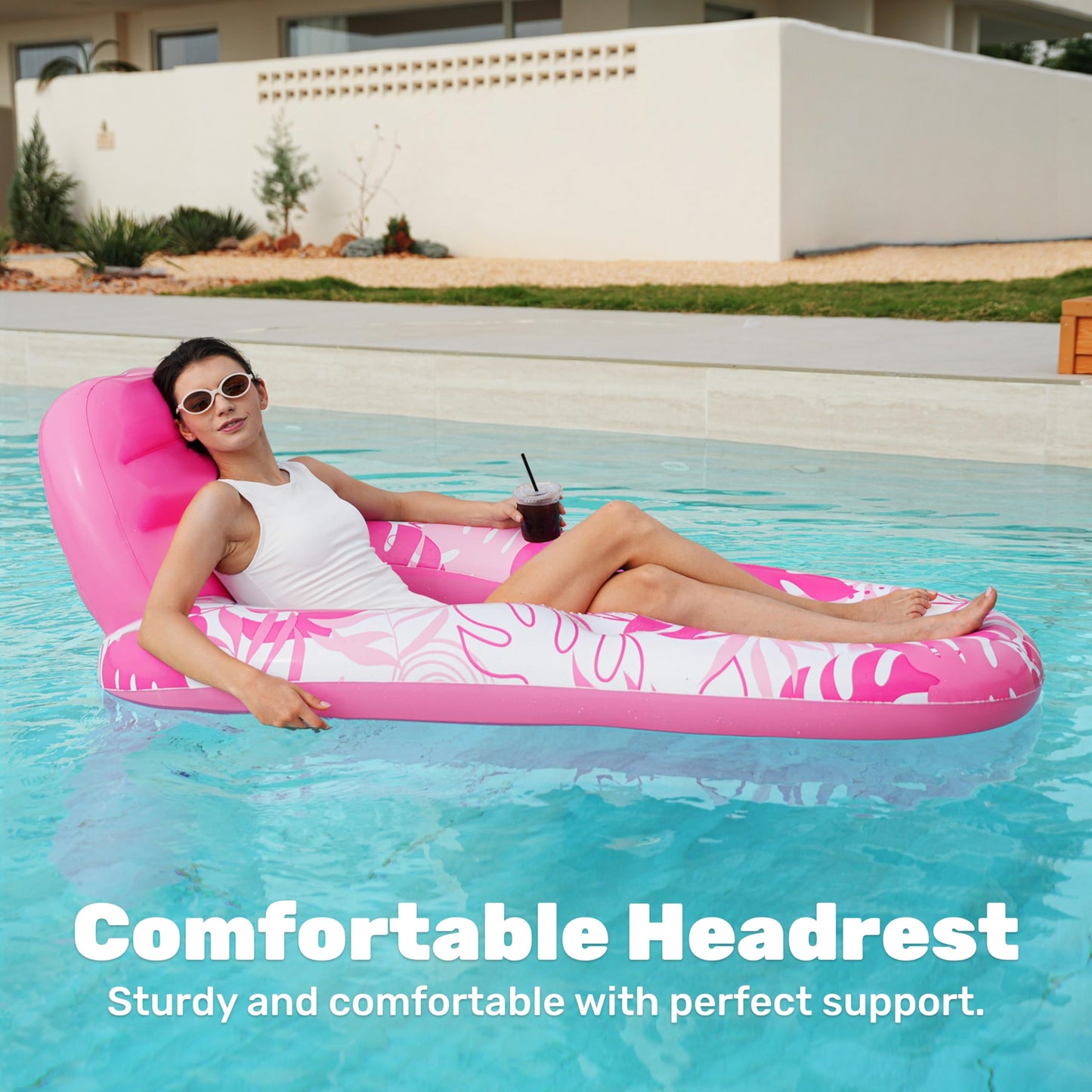 SLOOSH Pool Lounge Float Adult – Pink Tropical Leaves with Cup Holders & Backrest