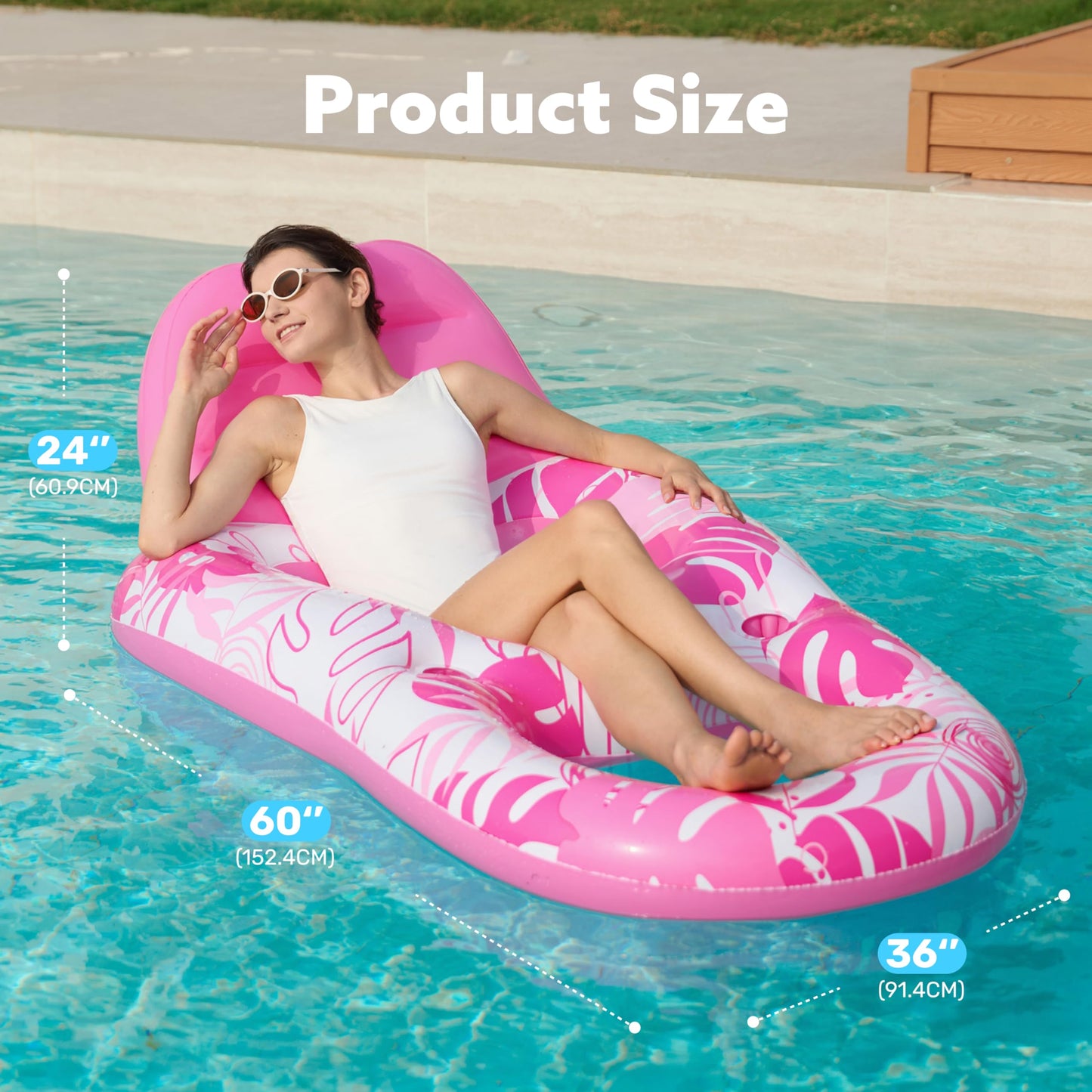 SLOOSH Pool Lounge Float Adult – Pink Tropical Leaves with Cup Holders & Backrest