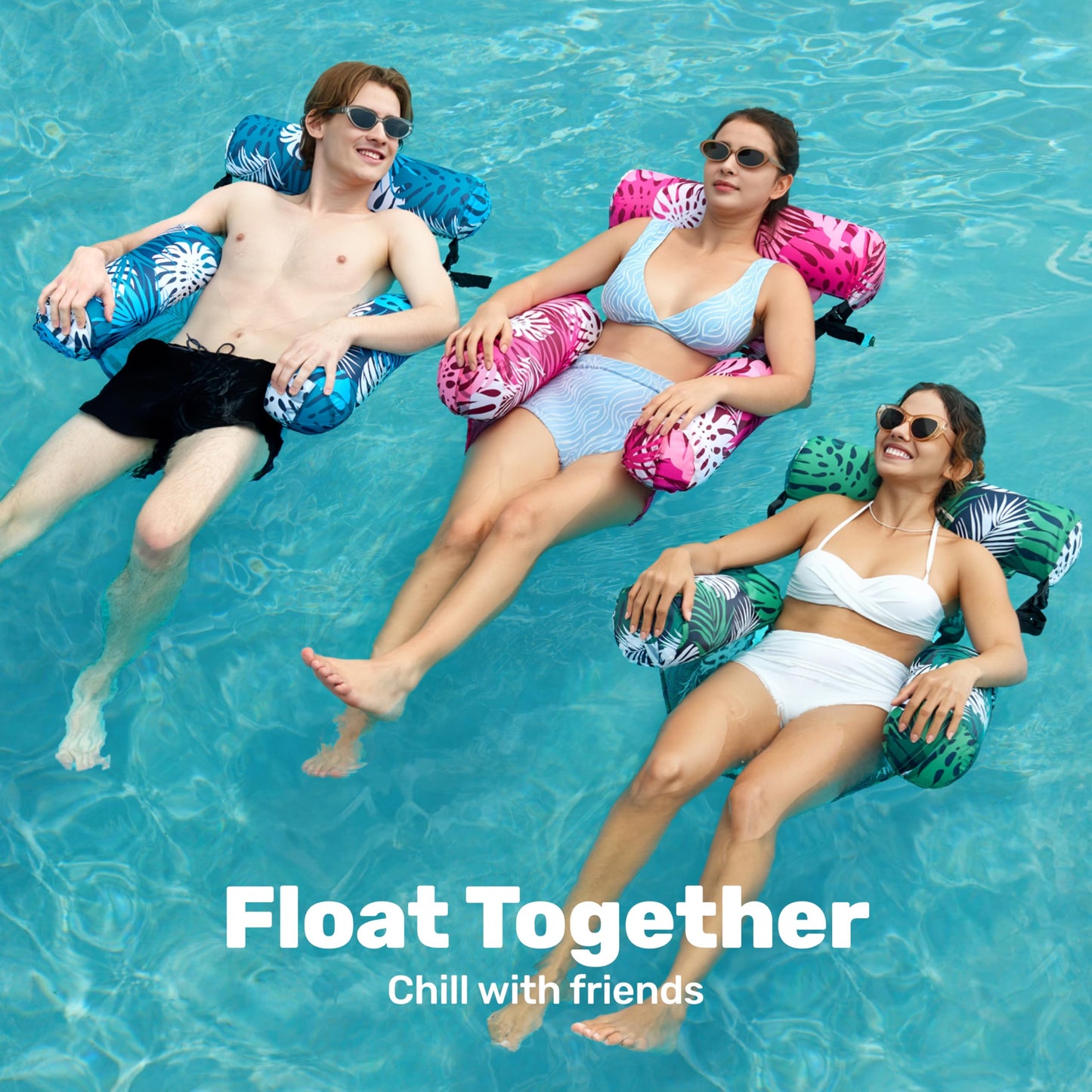 SLOOSH 3-Pack Pool Floats Chairs for Adults — Inflatable Lounge Chairs with Tropical Leaves