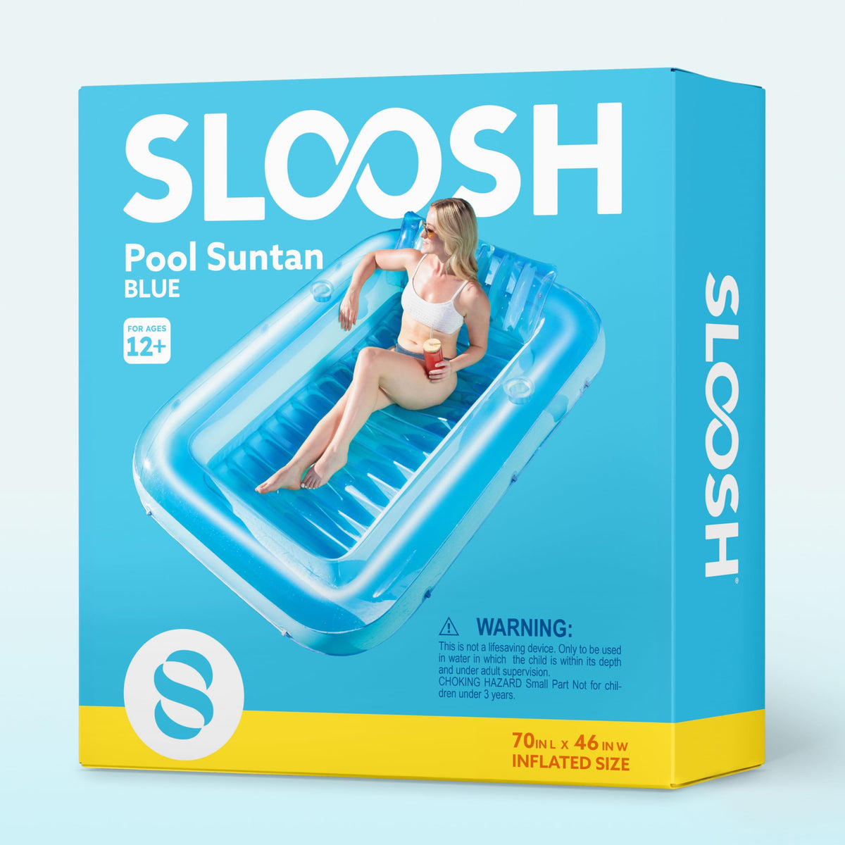 SLOOSH Inflatable Tanning Pool Lounger Float – 70” x 46”, Pillow, Drink Holders, 4-in-1 Suntan Bed