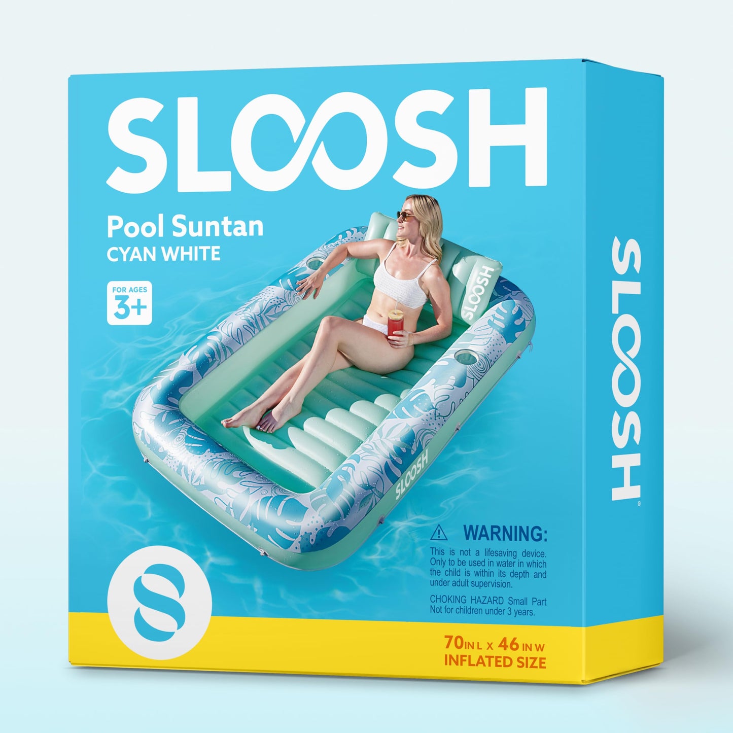 Sloosh Inflatable Tanning Pool Lounger Float – 70x46 in Sunbed with Pillow, 4-in-1 Raft (L-Cyan White)
