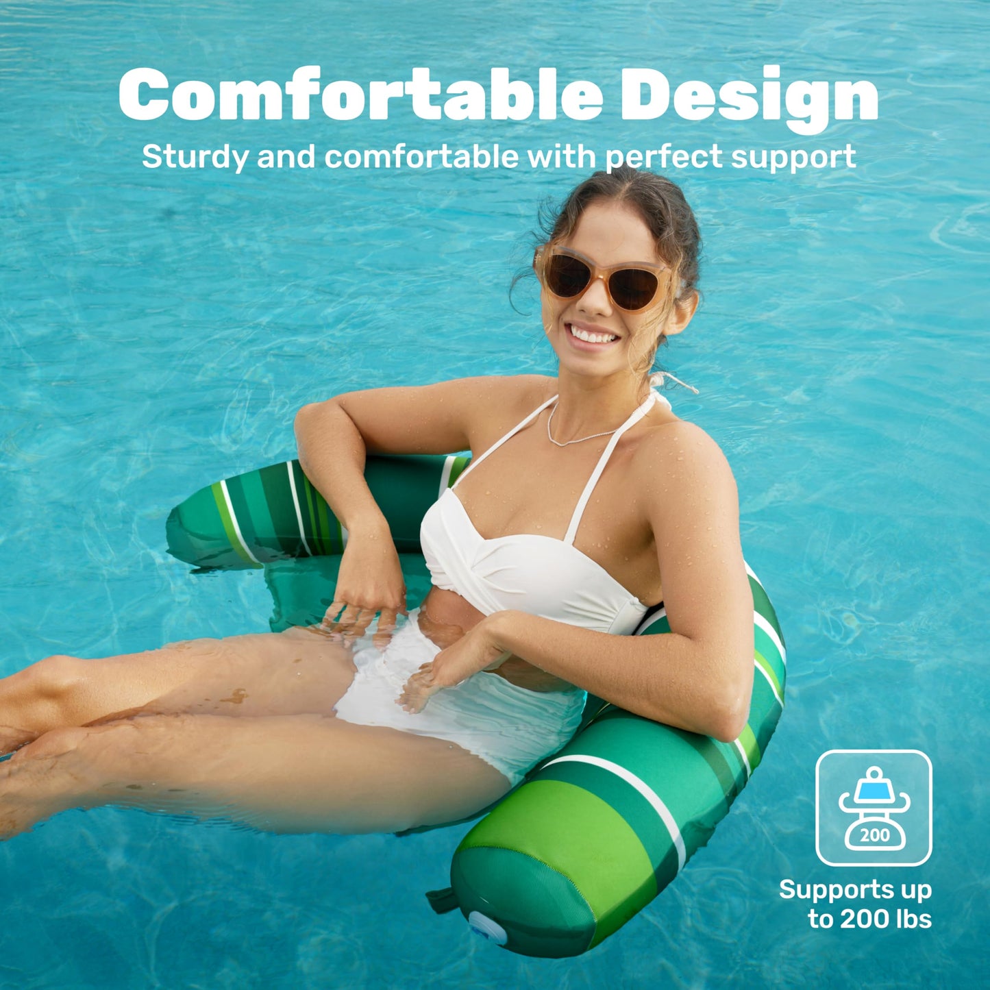 Sloosh Inflatable Pool Floats Chairs – 2-Pack Adults with Stripes (Blue & Green)