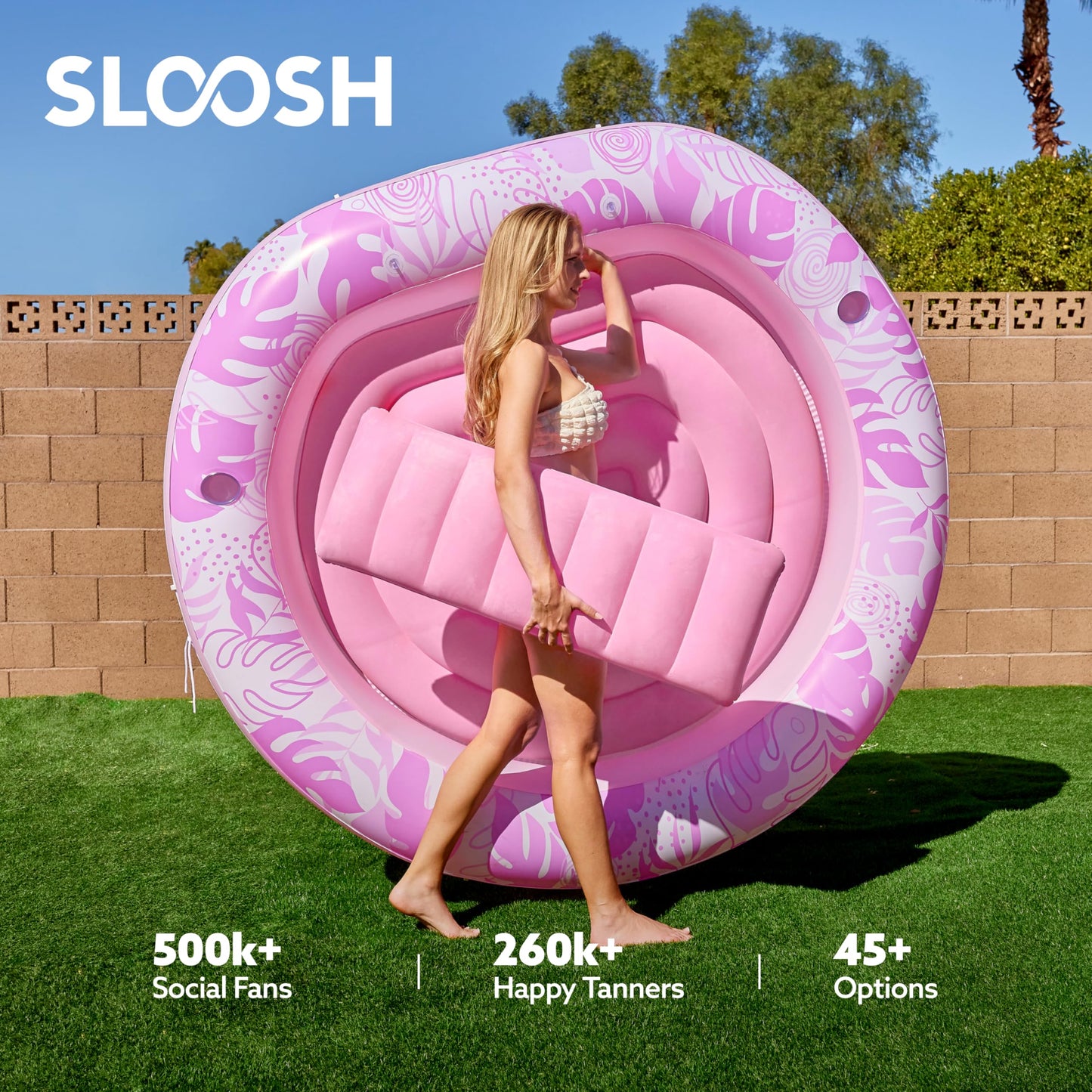 Sloosh Inflatable Tanning Pool Lounger – 72in Pink Round, 4-in-1