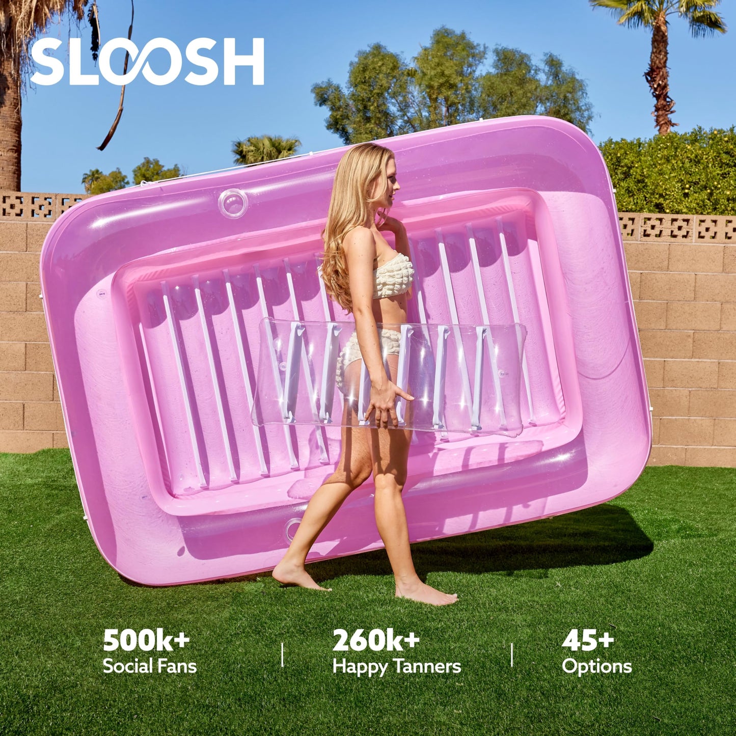 Sloosh Inflatable Tanning Pool Lounger XL 85x57 in | Pink & White 4-in-1 Suntan Tub Raft