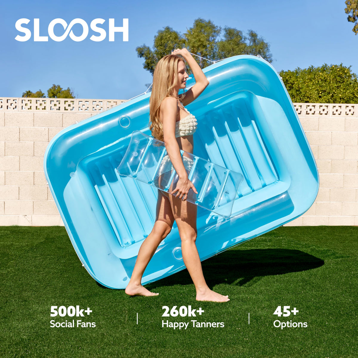 SLOOSH Inflatable Tanning Pool Lounger Float – 70” x 46”, Pillow, Drink Holders, 4-in-1 Suntan Bed
