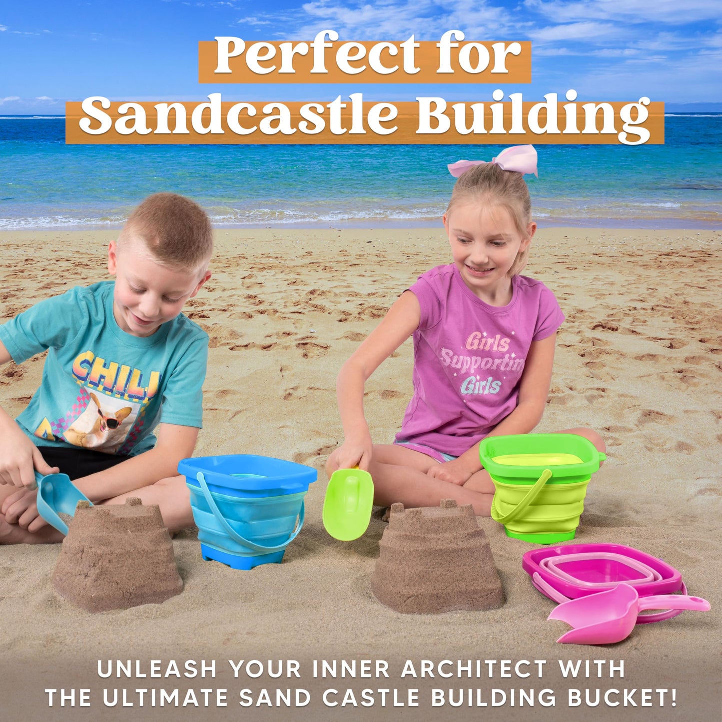 Sloosh 3-Piece Foldable Buckets with Shovels – Beach Sand Toys Set