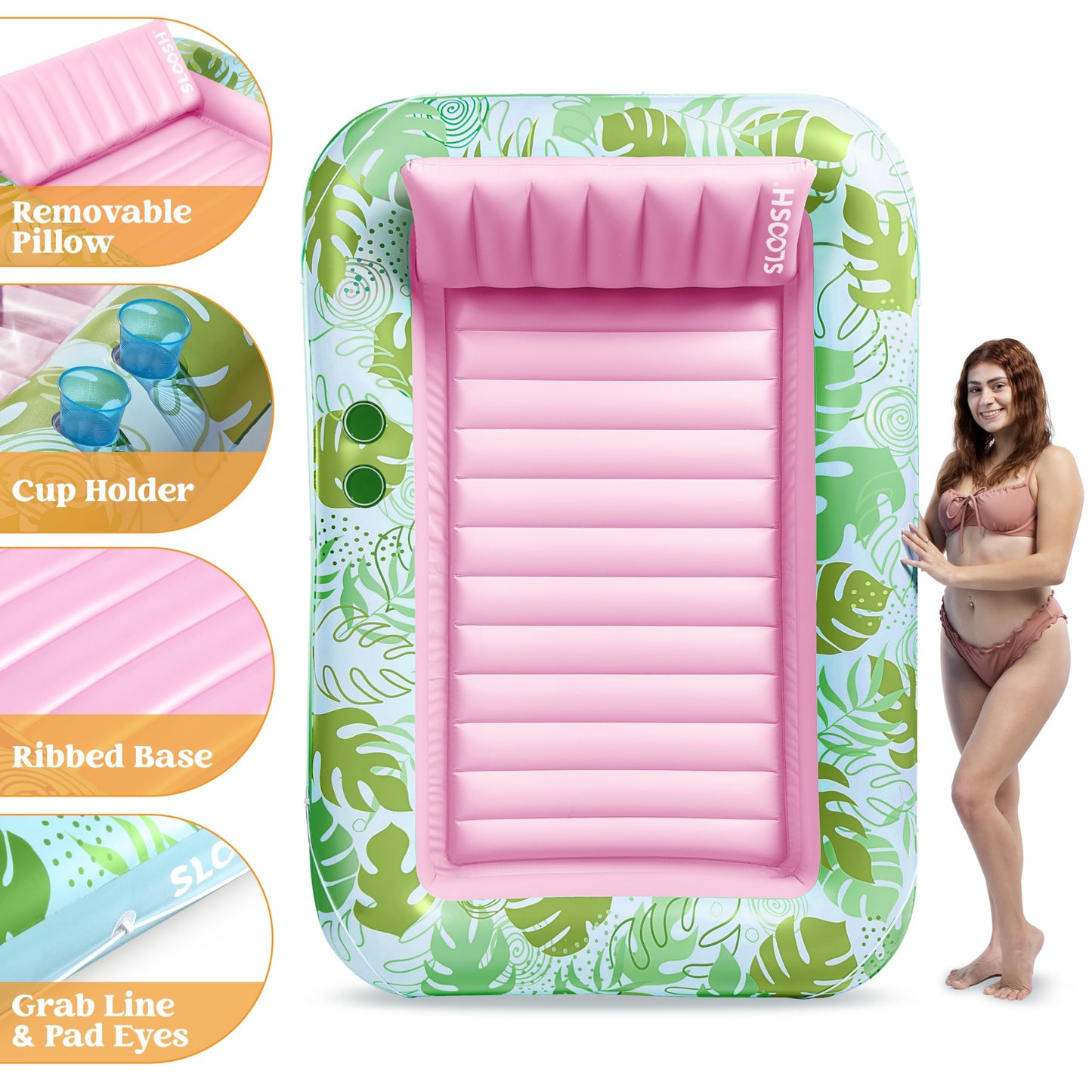 Sloosh Inflatable Tanning Pool Lounger – XL 85 x 57 in with Pillow, Drink Holders & 4-in-1 Suntan Tub Raft