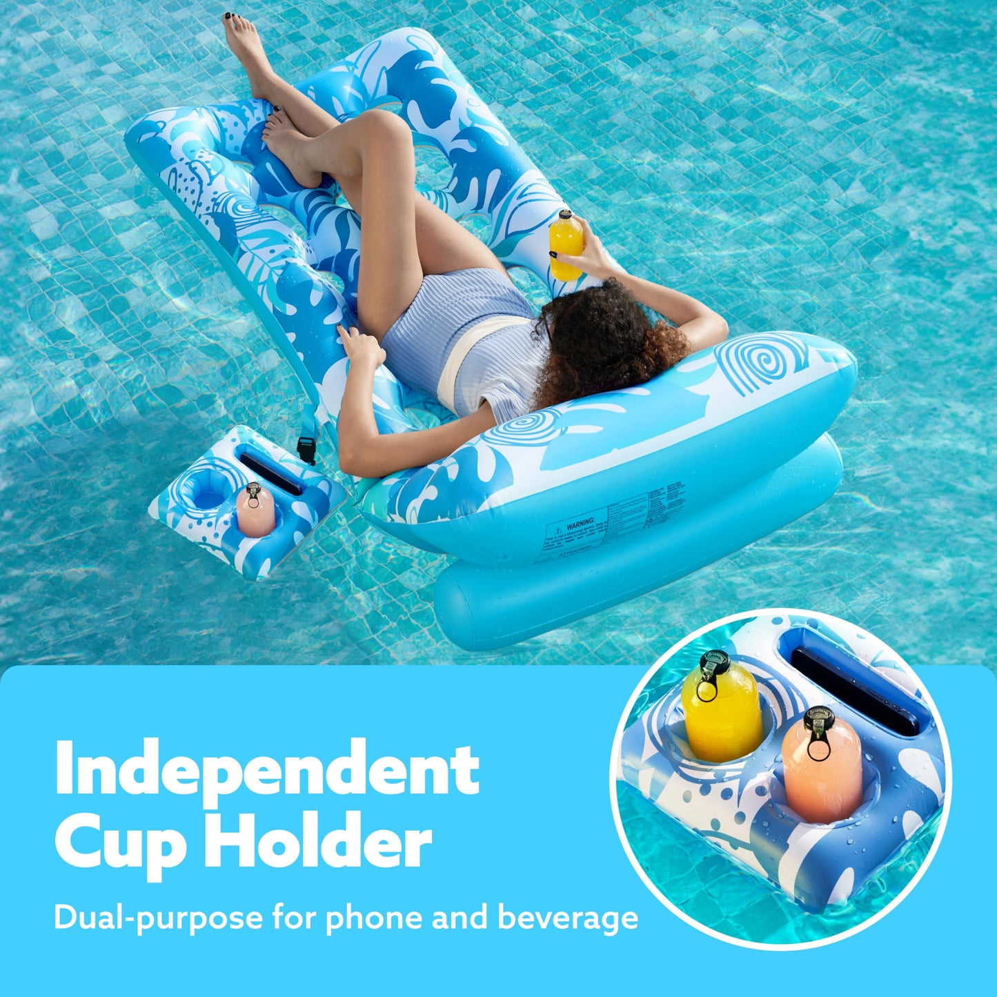 SLOOSH Adjustable Backrest Pool Float with Cup Holders – Tropical Leaves (Blue)