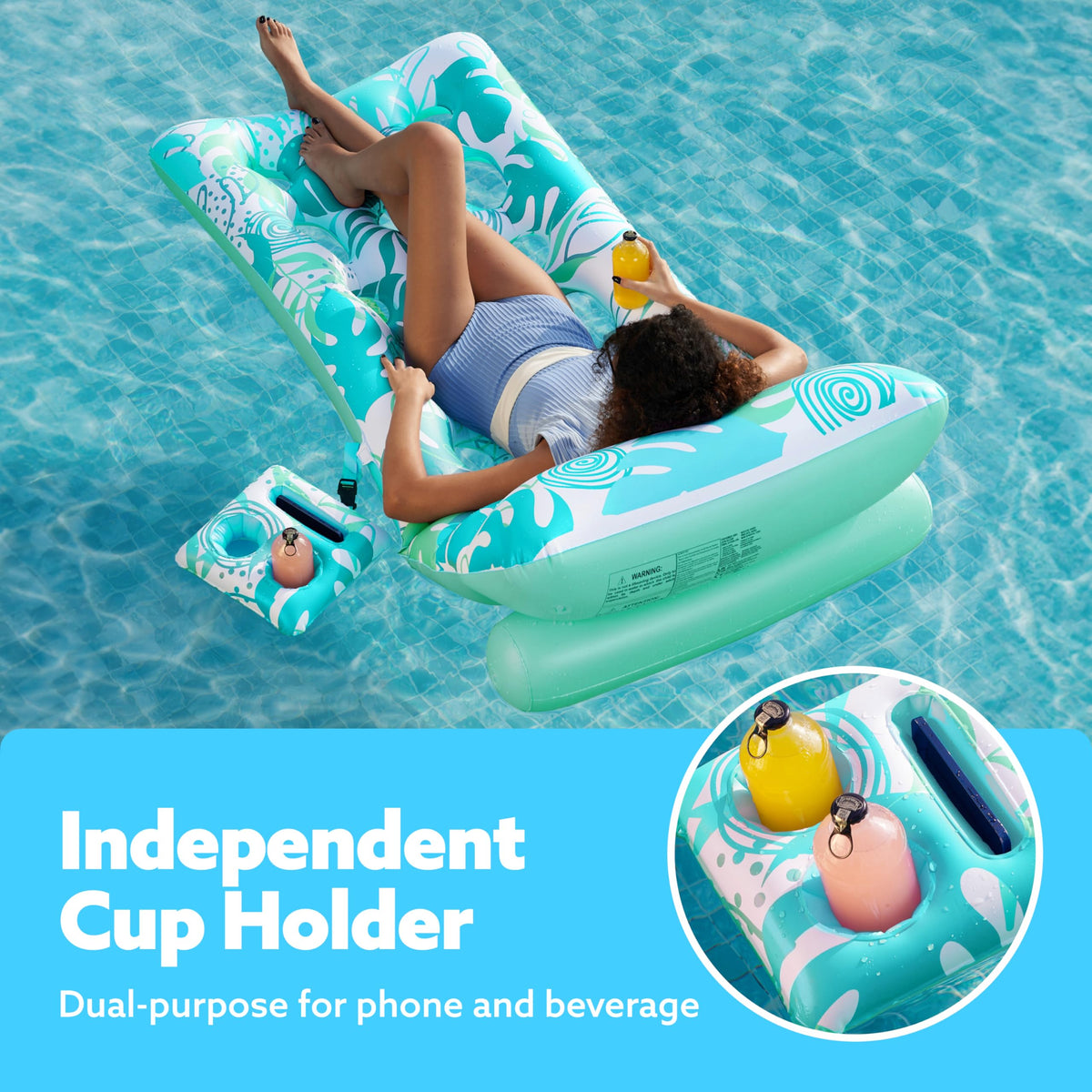 SLOOSH Adjustable Backrest Pool Float with Cup Holders – Tropical Leaves Cyan