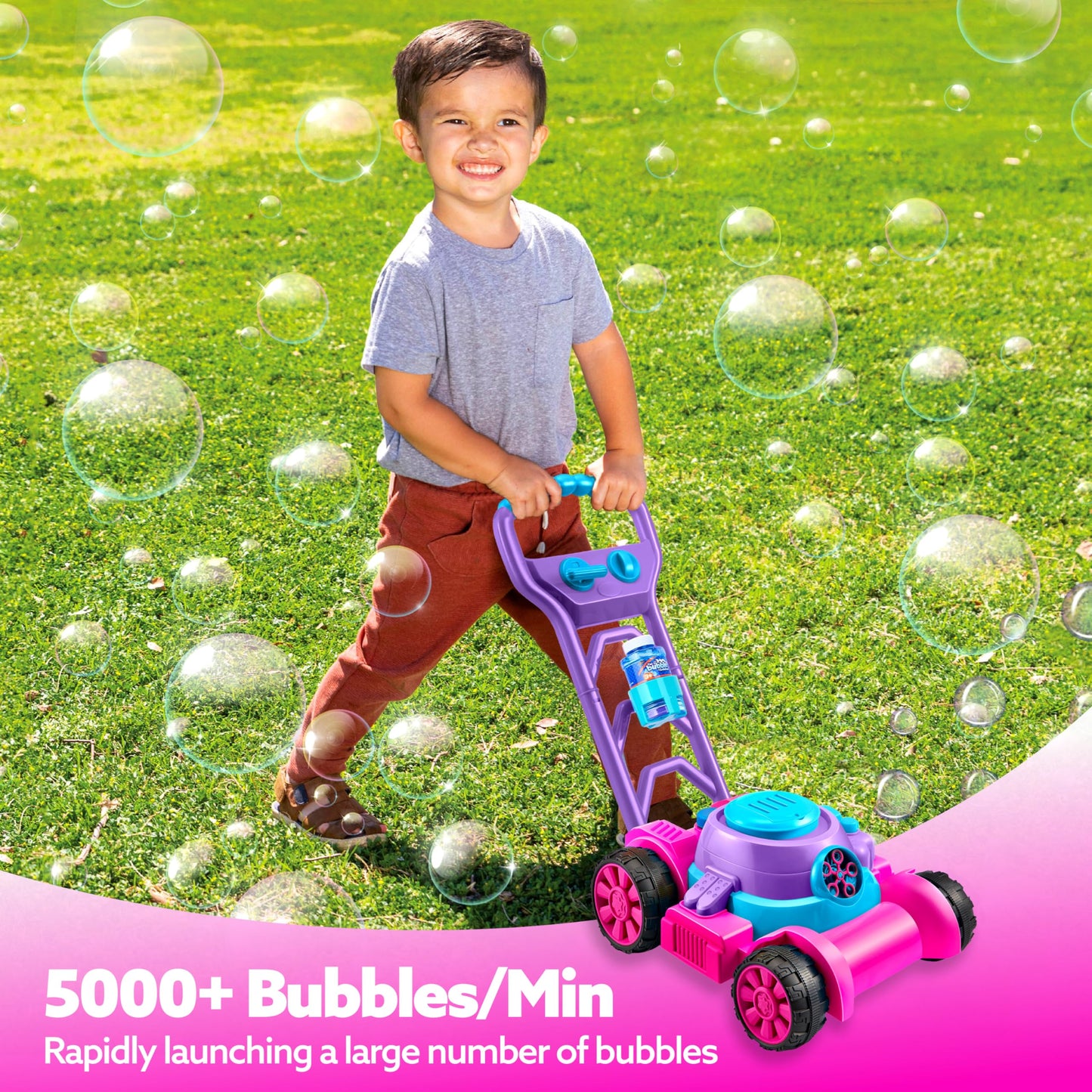 SLOOSH Bubble Lawn Mower Toy for Toddlers – Spill-Proof Pink Bubble Machine