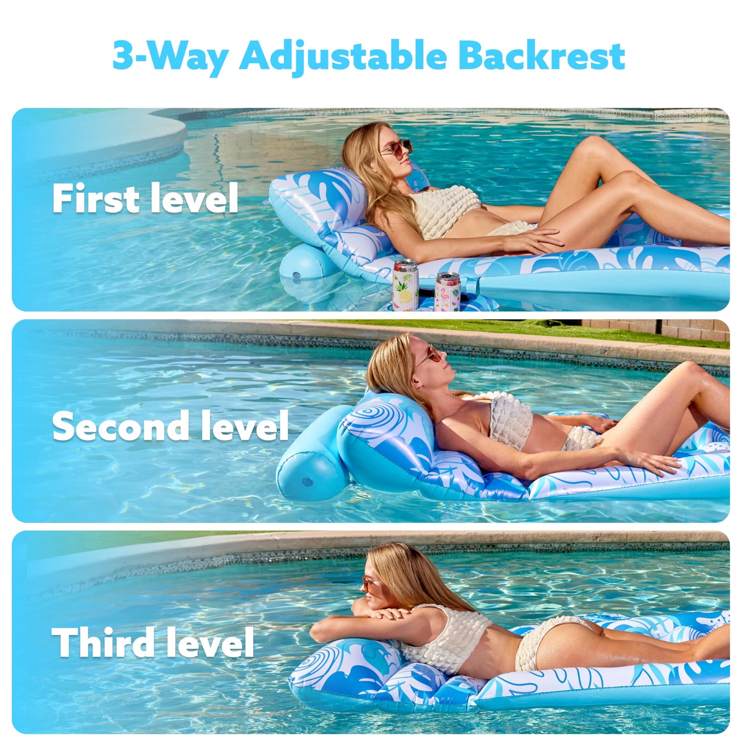 SLOOSH Adjustable Backrest Pool Float with Cup Holders – Tropical Leaves (Blue)