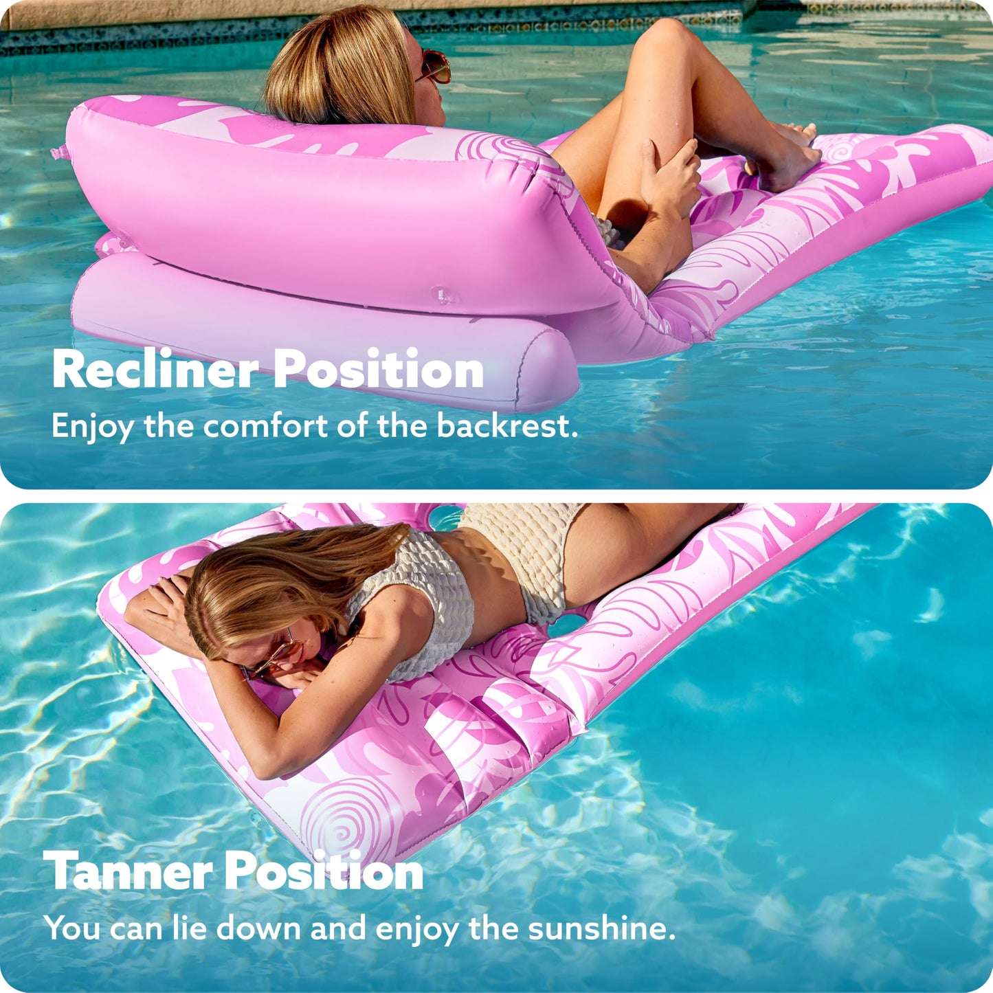 SLOOSH Adjustable Backrest Pool Float – Tropical Leaves Lounger with Cup Holders (Pink)