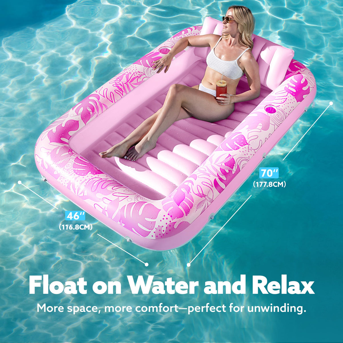 Sloosh Inflatable Tanning Pool Lounger Float – 70x46 in, 4-in-1 Suntan Tub with Pillow
