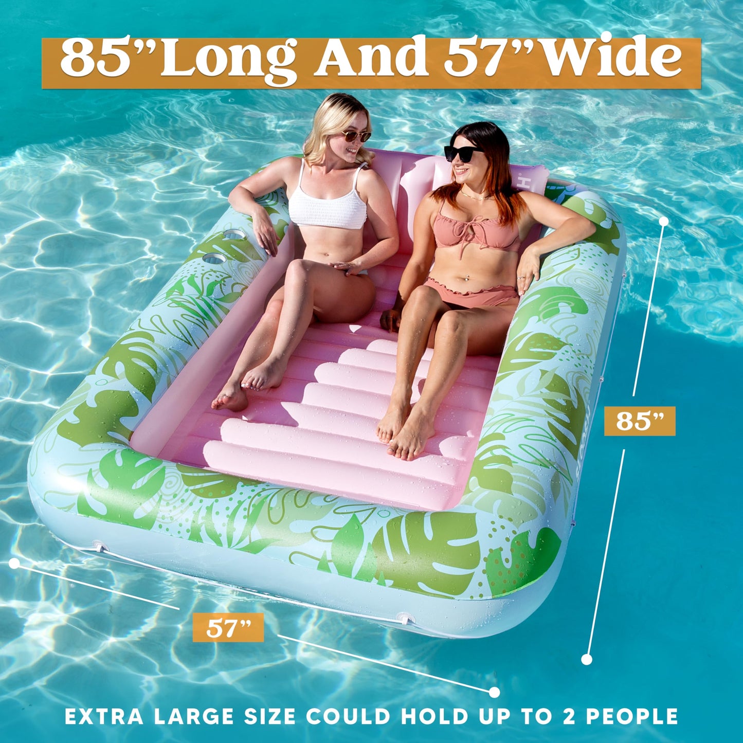 Sloosh Inflatable Tanning Pool Lounger – XL 85 x 57 in with Pillow, Drink Holders & 4-in-1 Suntan Tub Raft