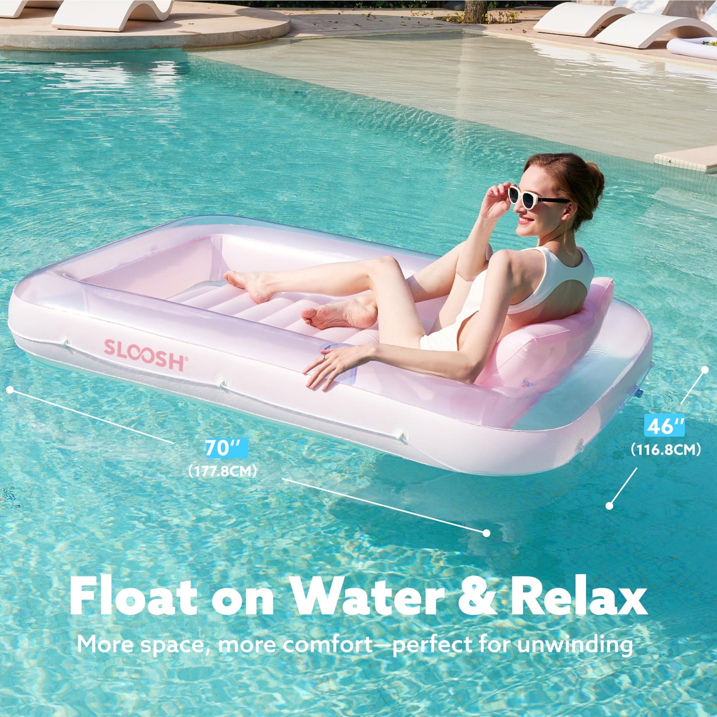 Sloosh Inflatable Tanning Pool Lounger 70x46 in | Sunbathing Pool Float with Pillow