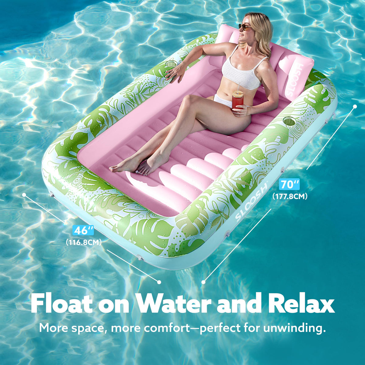 Sloosh Inflatable Tanning Pool Lounger Float — 70x46, 4-in-1 Suntan Tub