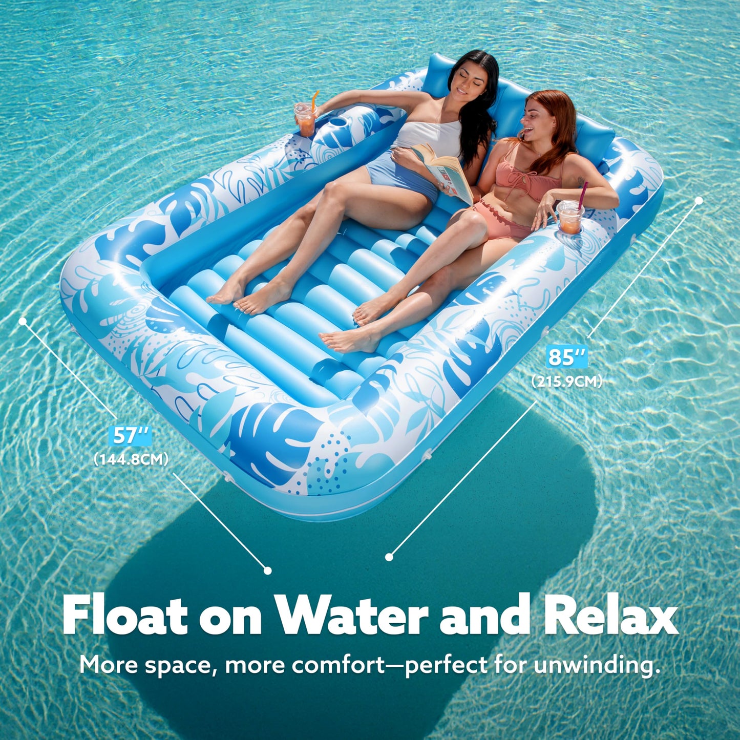 SLOOSH Inflatable Tanning Pool Lounger Float – 85 x 57 in, XL Blue, 4-in-1 Suntan Tub Raft