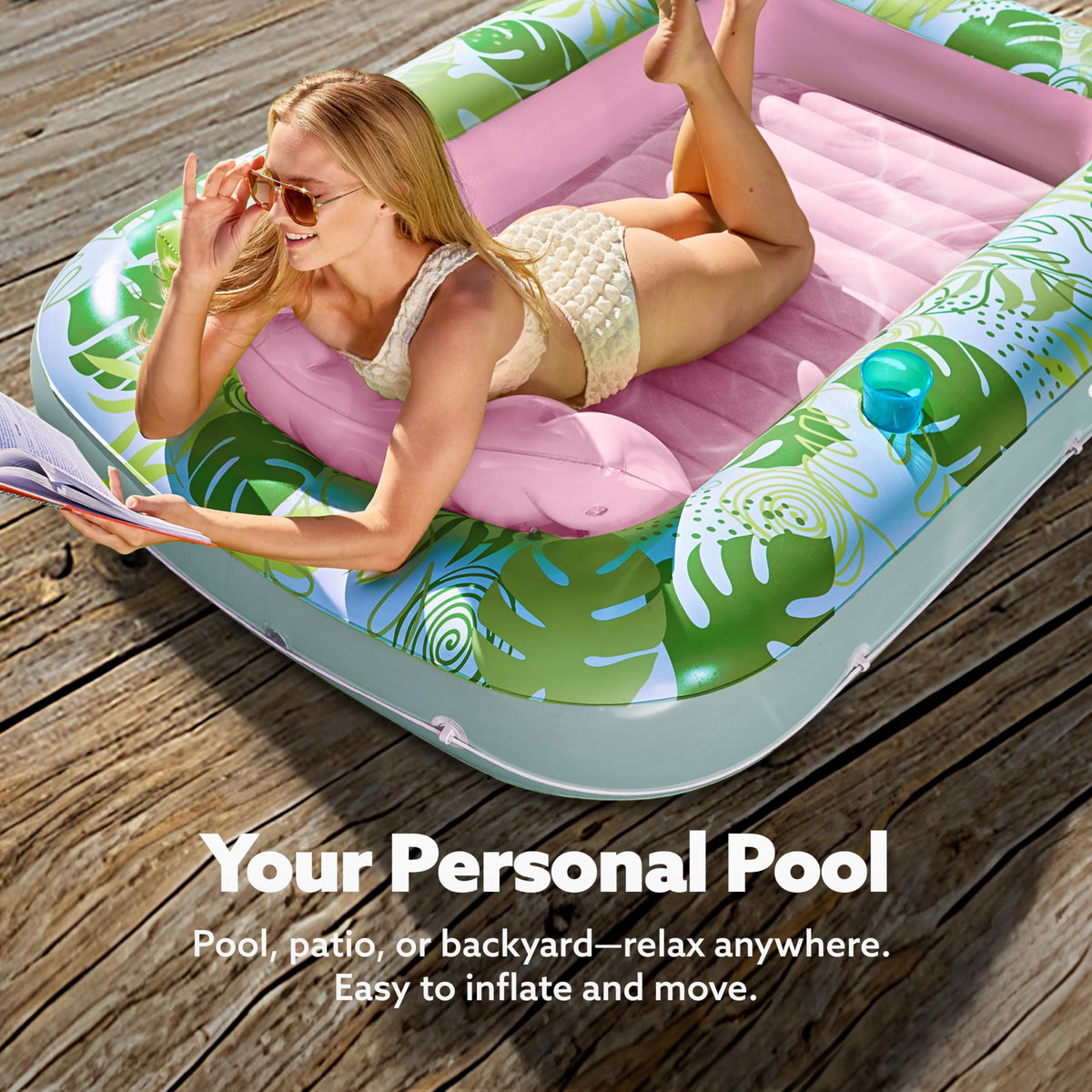 Sloosh Inflatable Tanning Pool Lounger Float — 70x46, 4-in-1 Suntan Tub