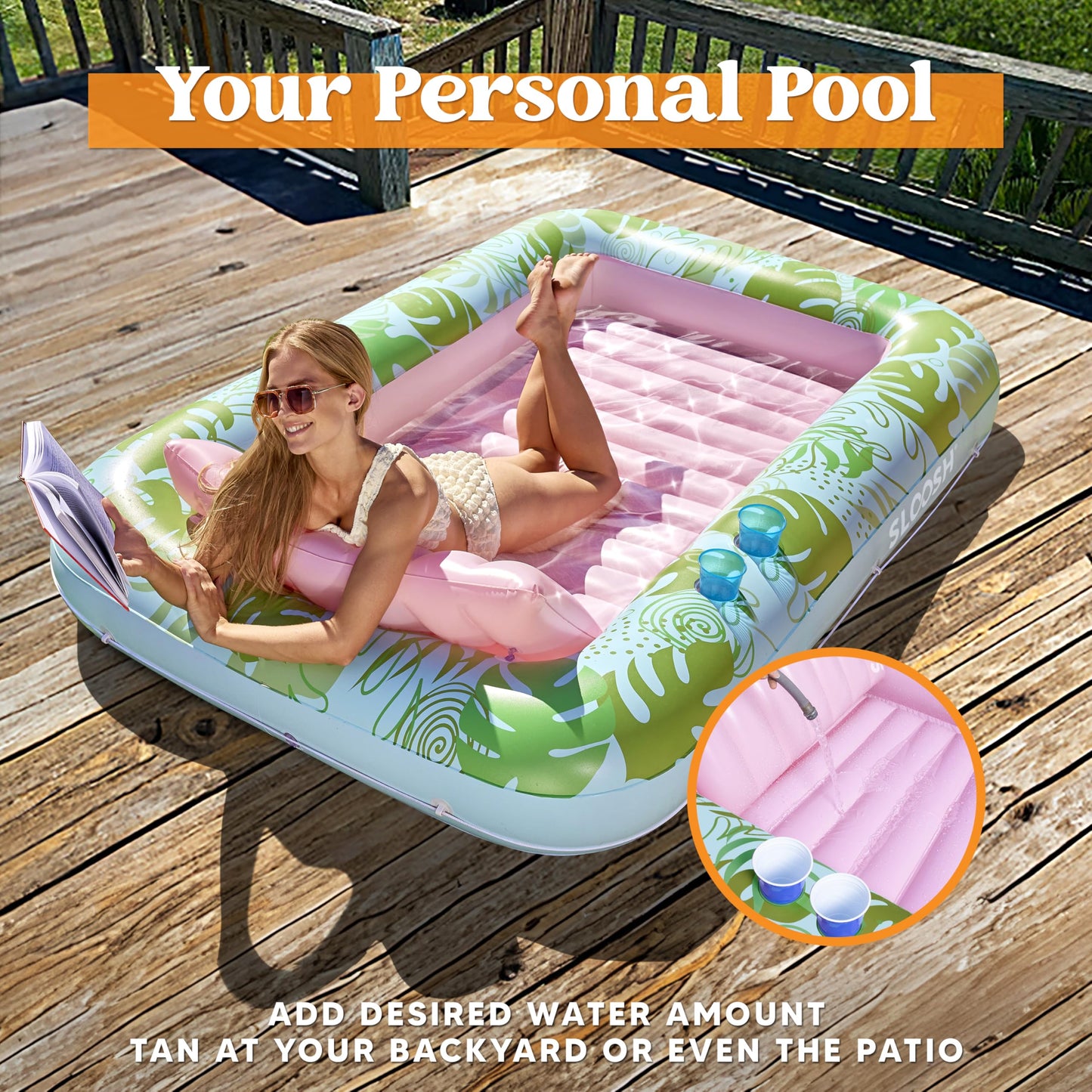Sloosh Inflatable Tanning Pool Lounger – XL 85 x 57 in with Pillow, Drink Holders & 4-in-1 Suntan Tub Raft